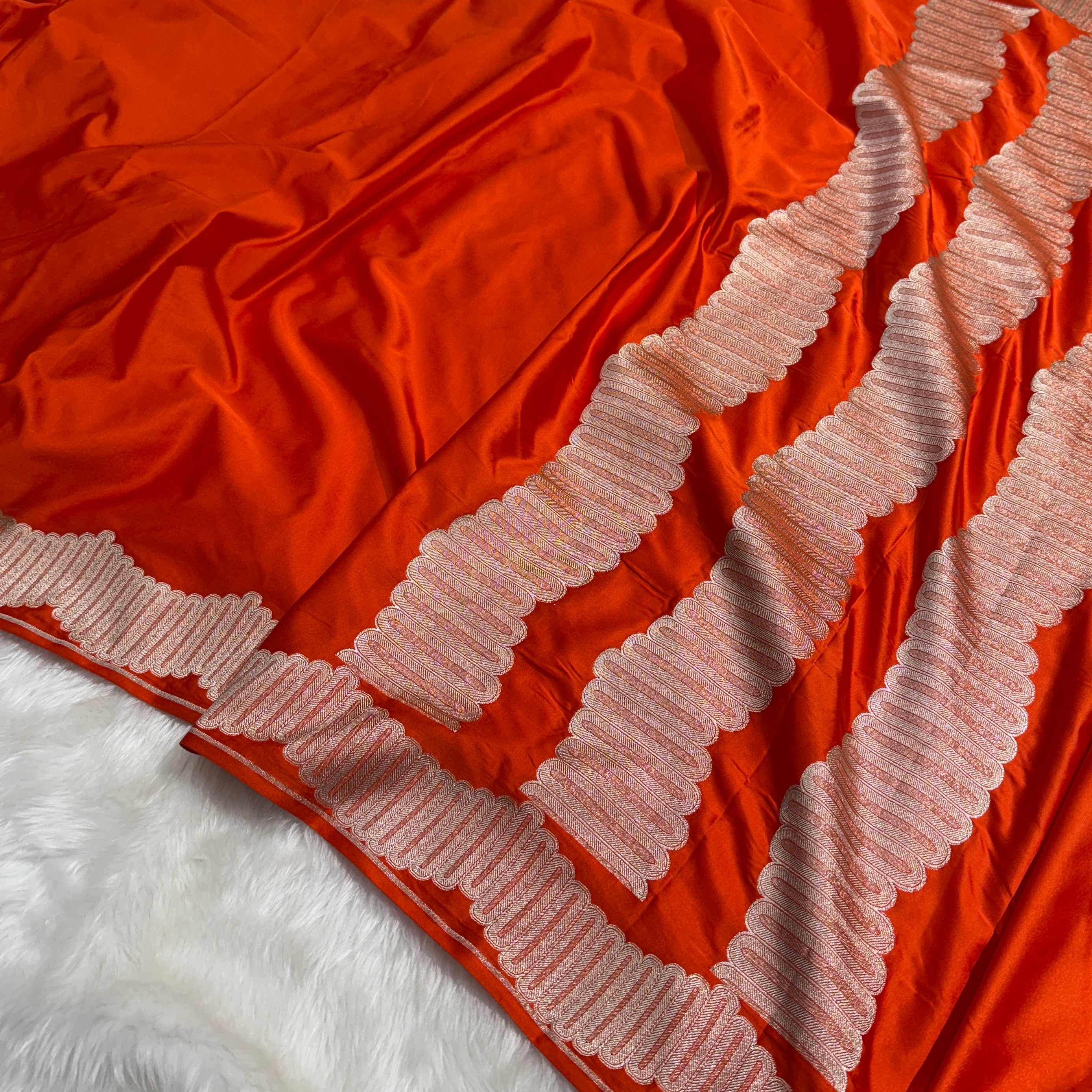 Orange Plain Scallop Mashru Silk Saree