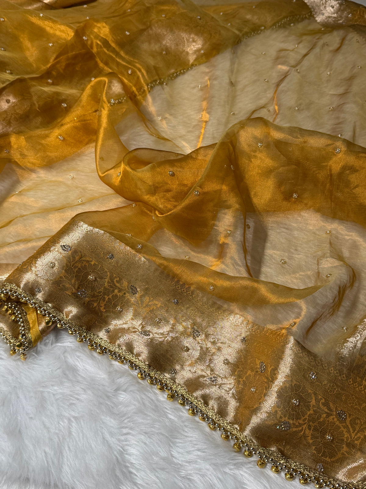 Gold Shades Pure Tissue Silk With Banarasi Swarovski Work Saree X Ghongroo BPGPT-18