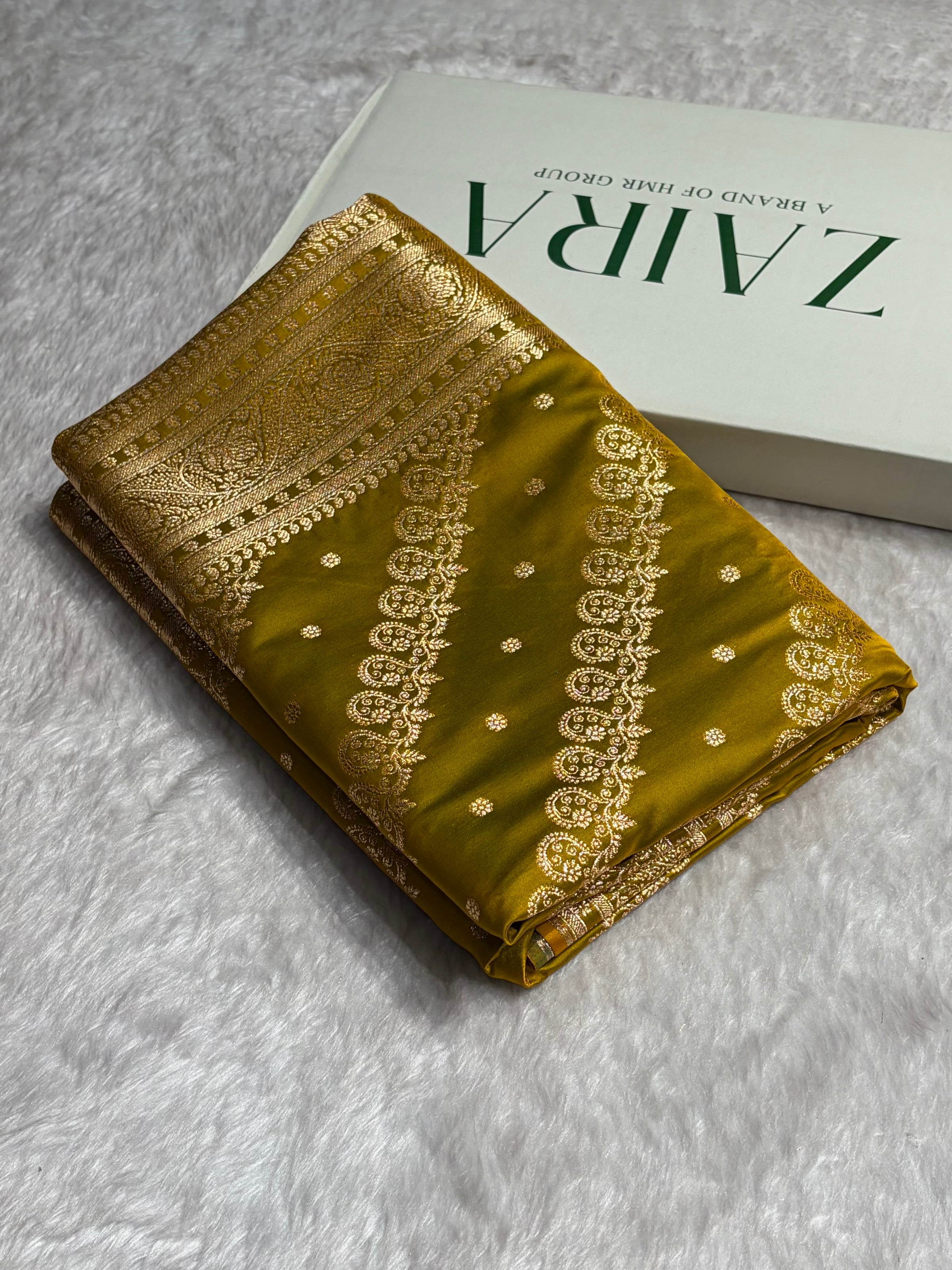 Liril Mahendi Shades Cross Floral Pattern Satin Katan Silk Saree SK79