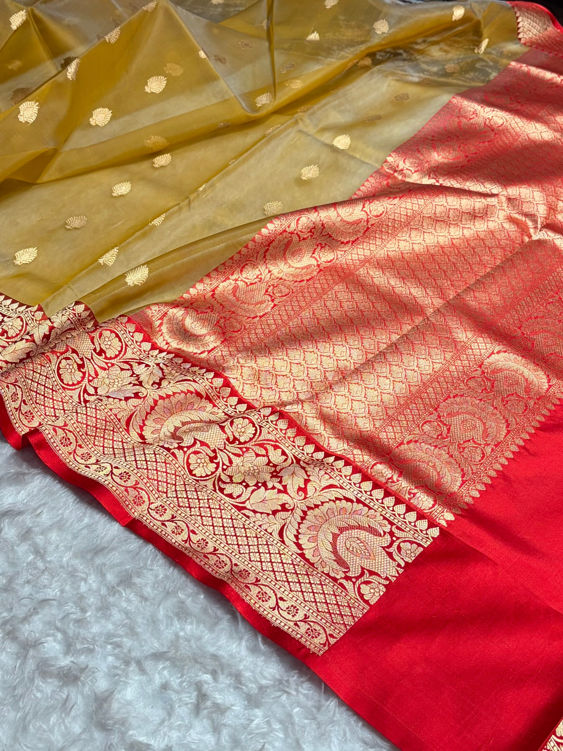 Contrast Pure Banarasi Organza Mustard With Maroon Floral Banarasi Silk Saree PO-16