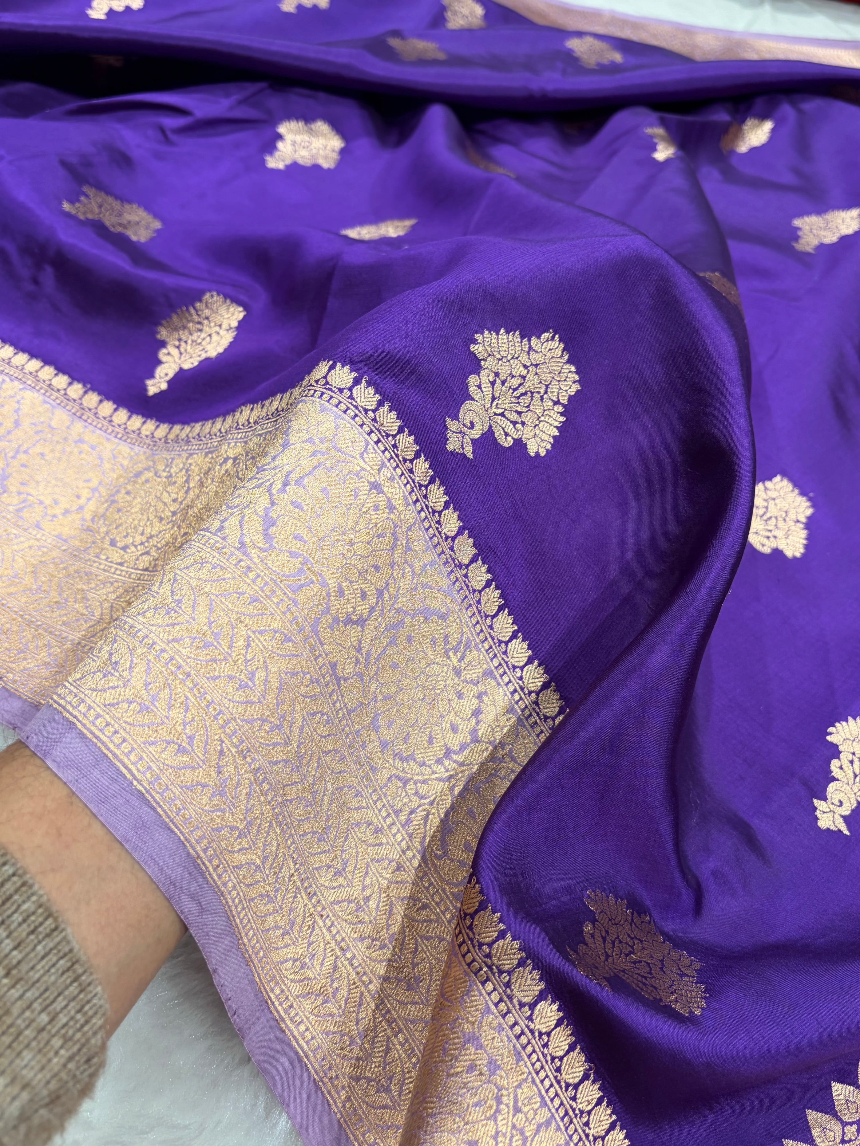 Banarasi Purple With Lavender Contrast Shades Boota Handwoven Pure Paper Silk RM-82