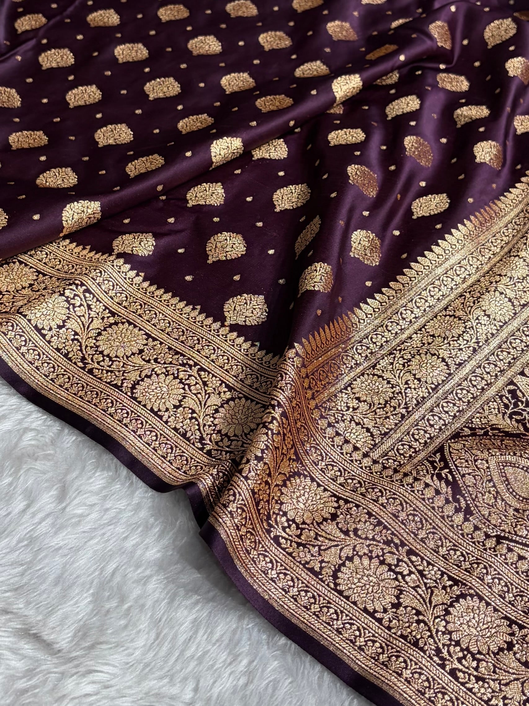 Dark Wine Unique Boota Pattern Satin Katan Silk Saree SK69