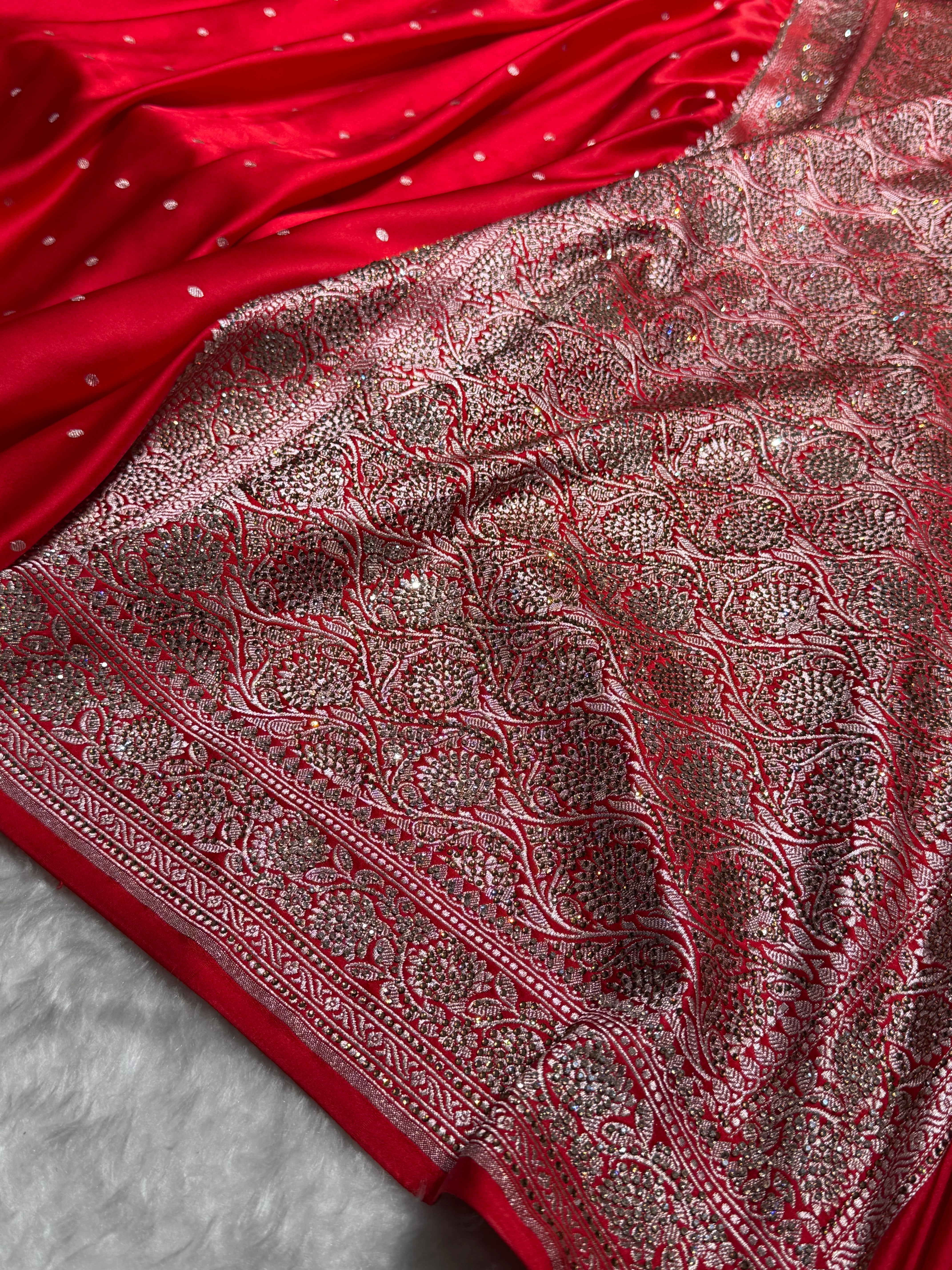 Banarasi Red Shades Booti With Swarovski Stone Work Mashru Silk Saree BMS65