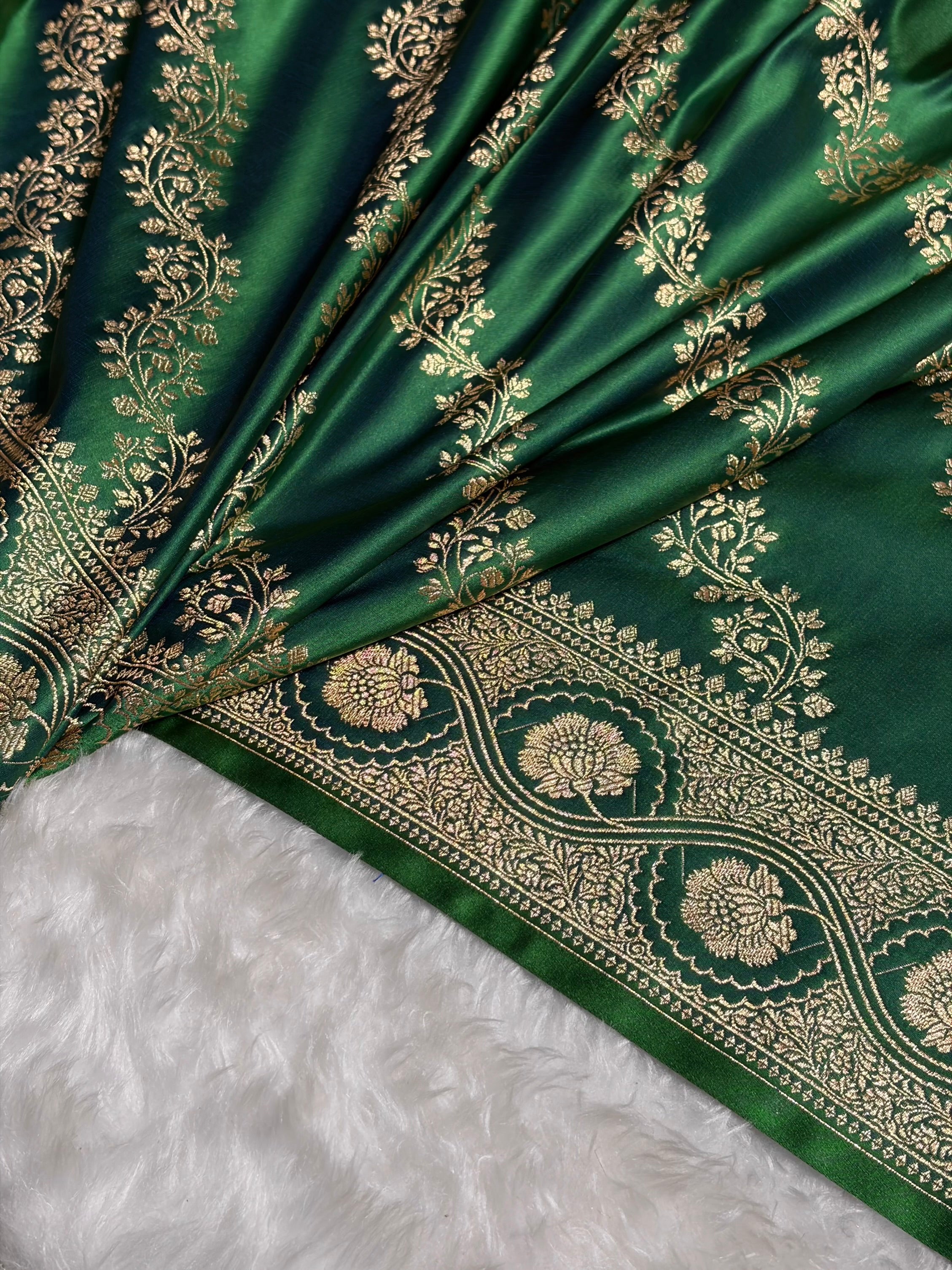 Cross Green Floral Cross Pattern Satin Katan Silk Saree SK74