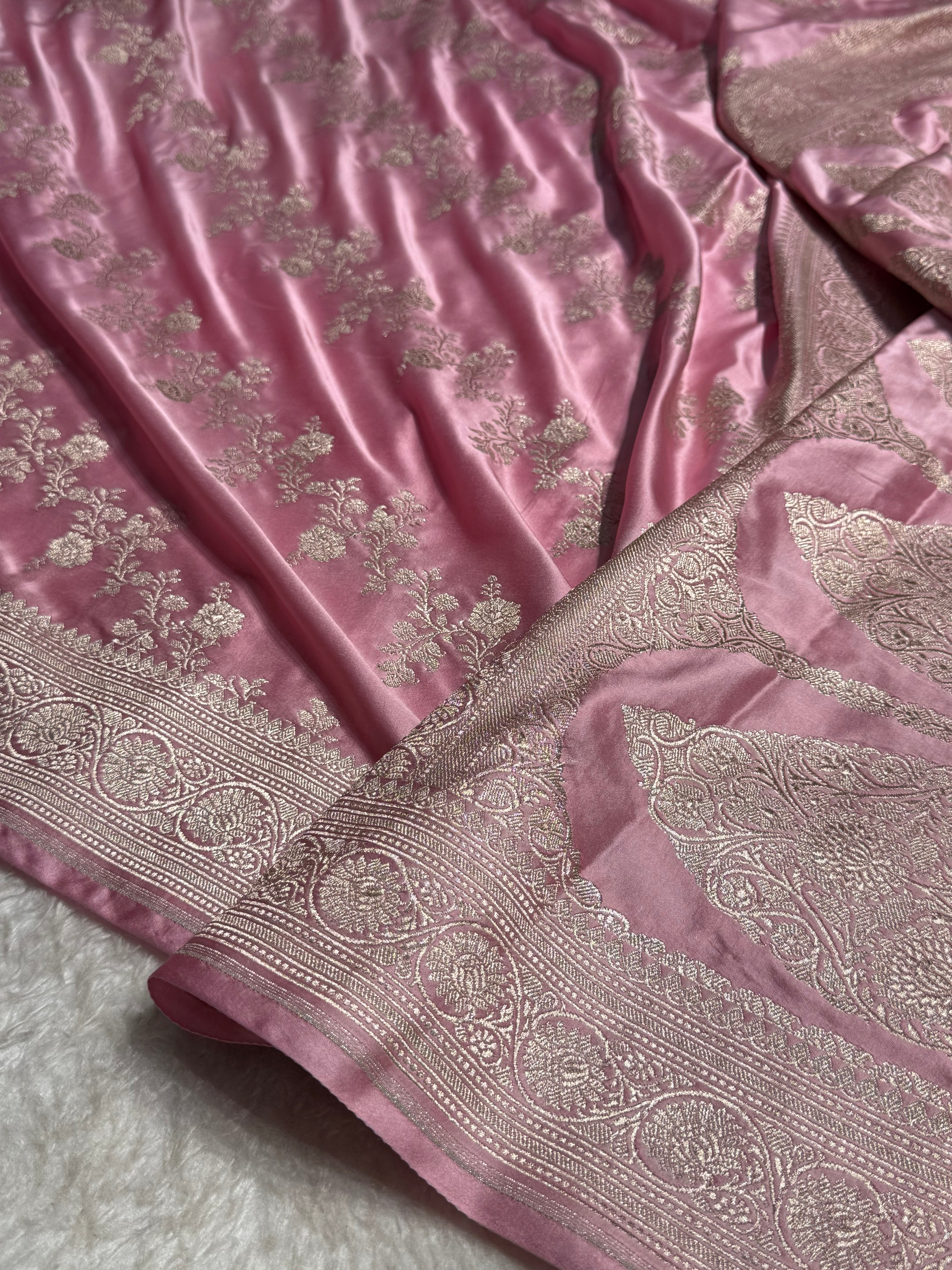 Baby Pink Banarasi Cross Mashru Silk Saree