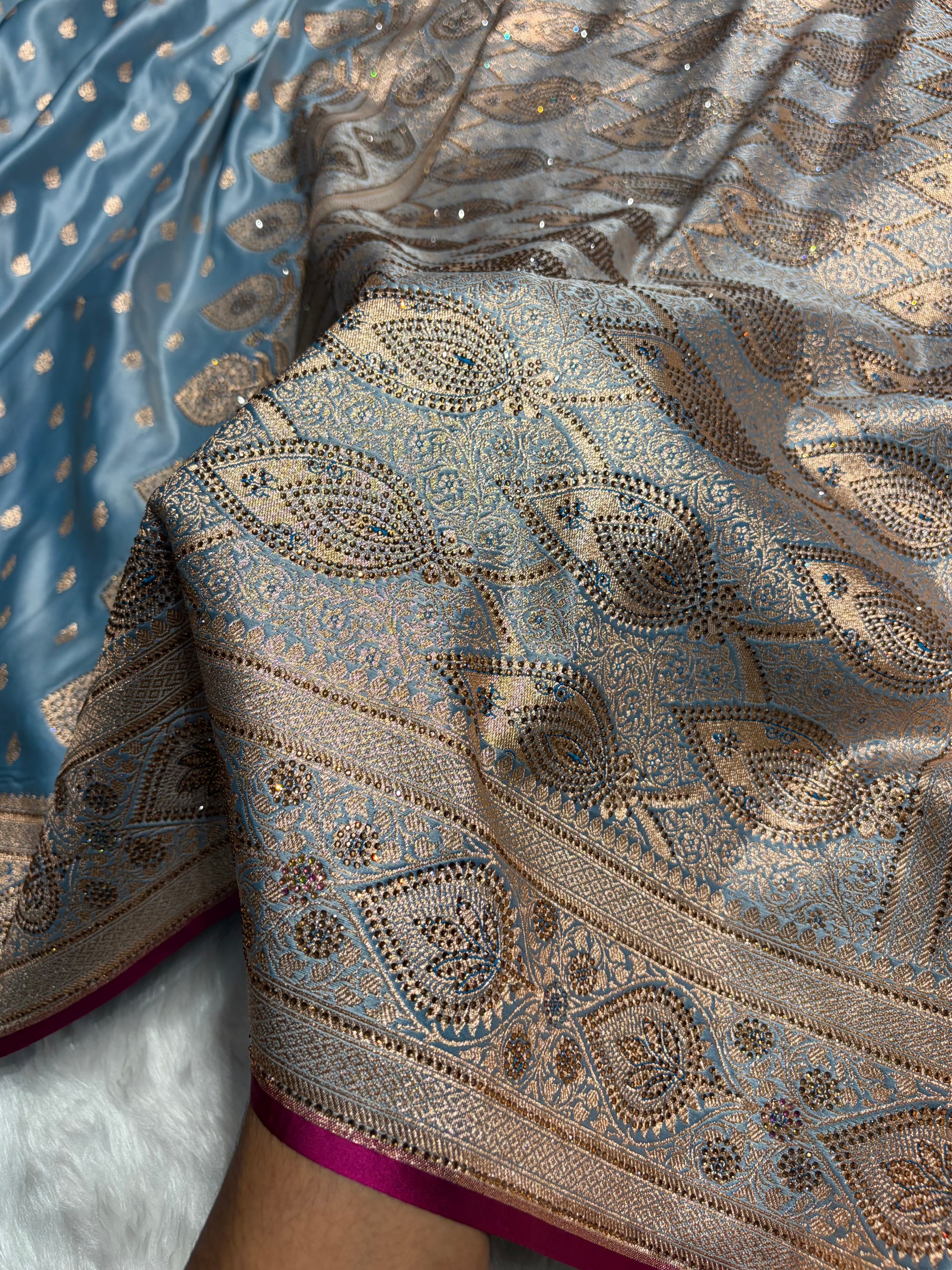 Sky Blue Swarovski Work Booti Satin Katan Silk Saree BSK10