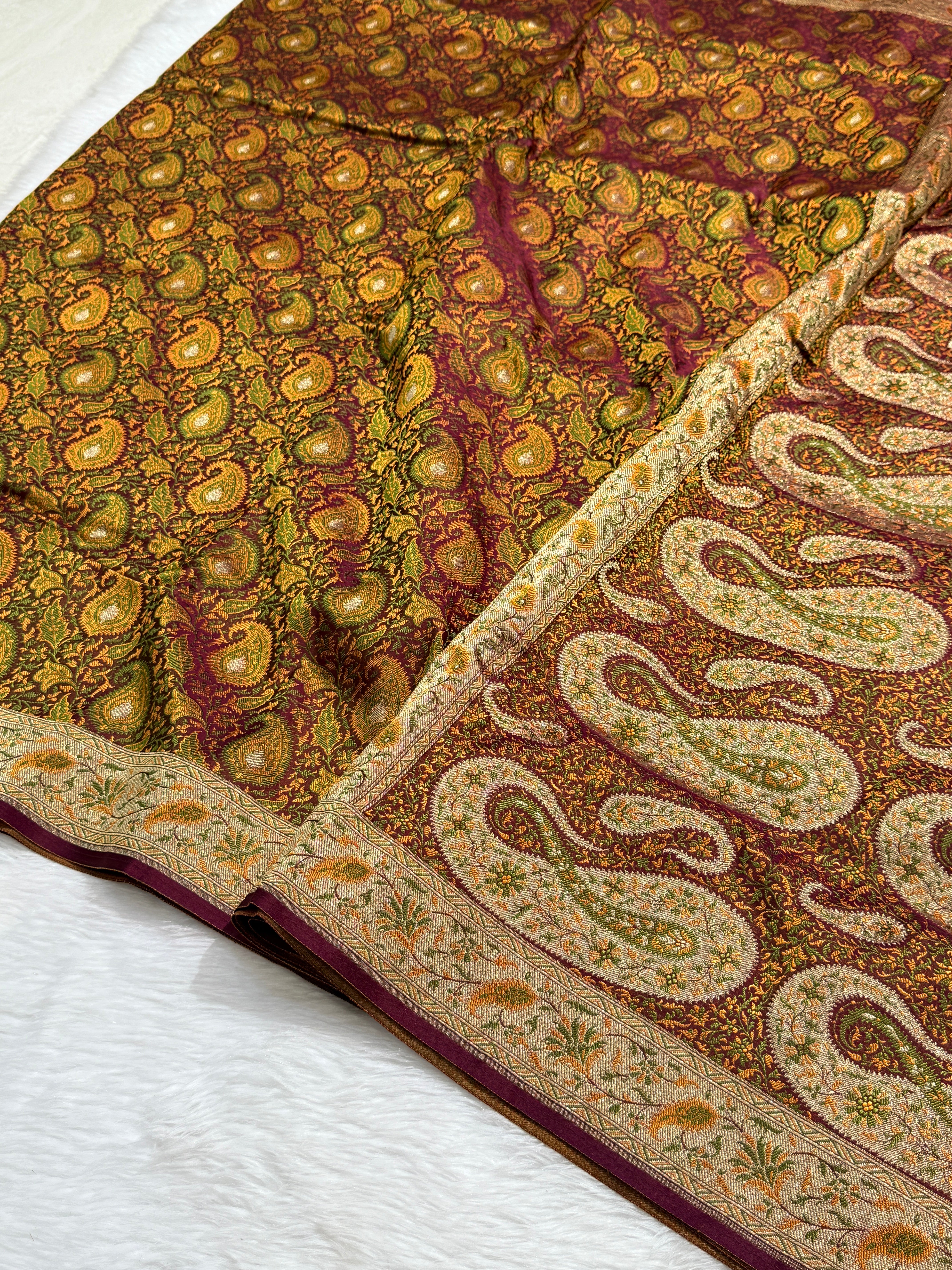 Cross Maroon Jamawar Tanchoi Katan Silk Saree SKTM-02