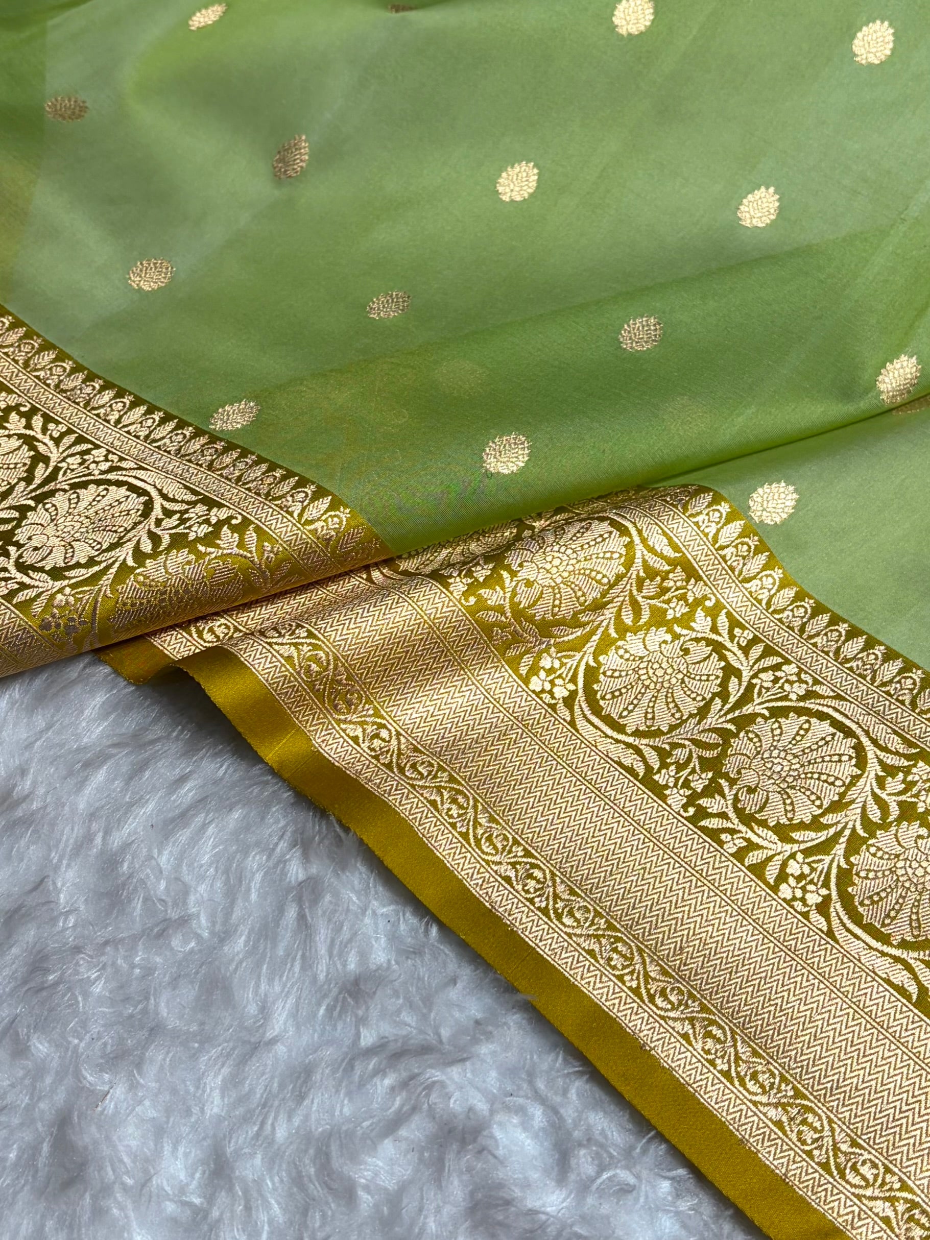 Contrast Pure Banarasi Organza Pista With Mustard Blue Floral Banarasi Silk Saree PO-19
