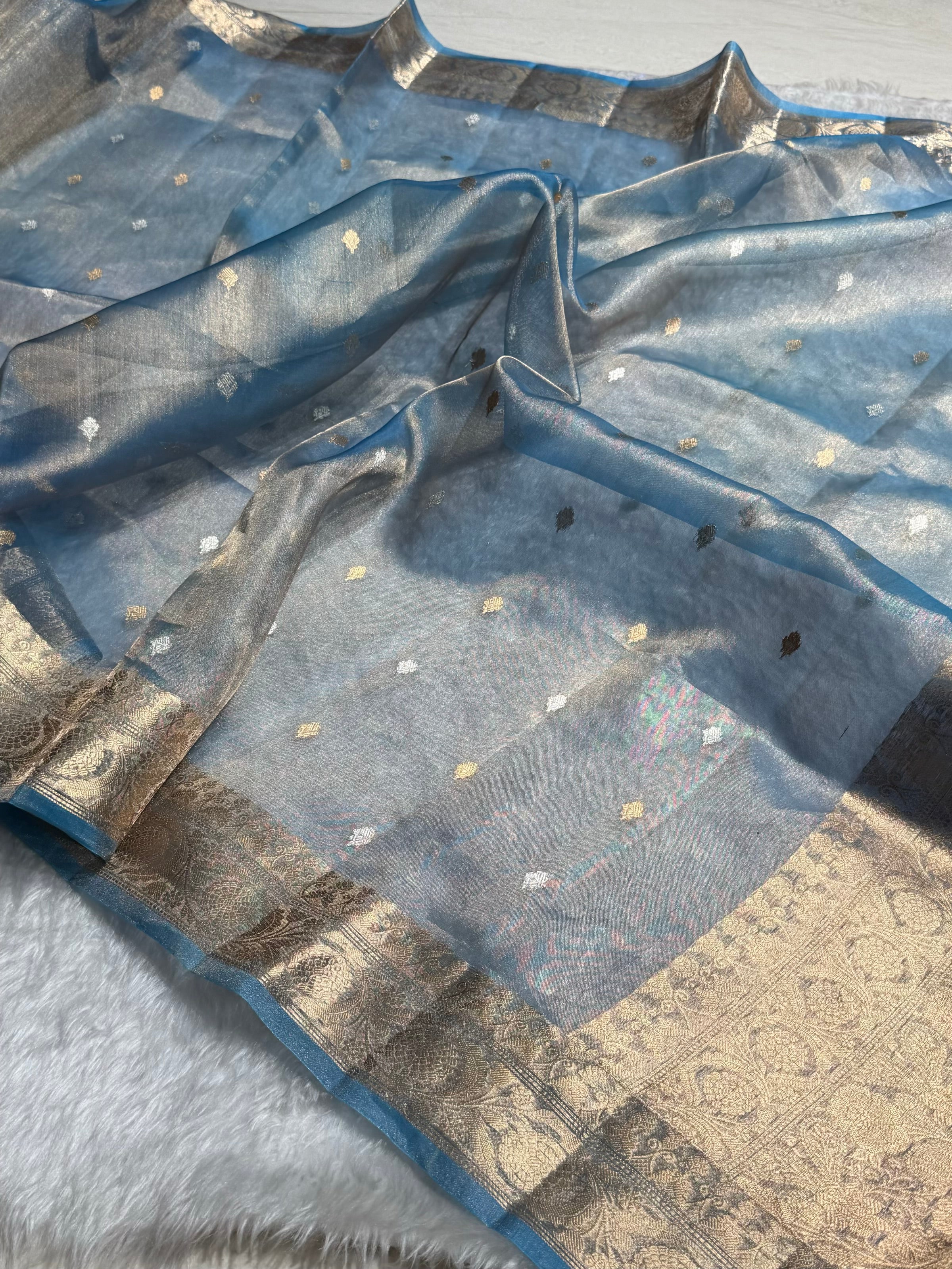 Pastel Blue Bananasi Floral Shades Pure Tissue Silk Saree PT-34