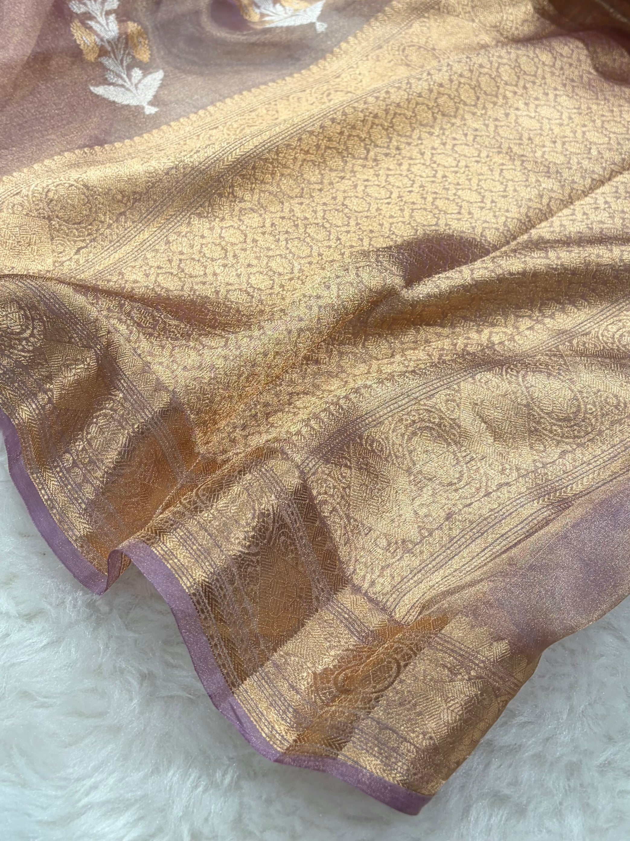 Pinkish Lavender Bananasi Floral Shades Pure Tissue Silk Saree PT-37