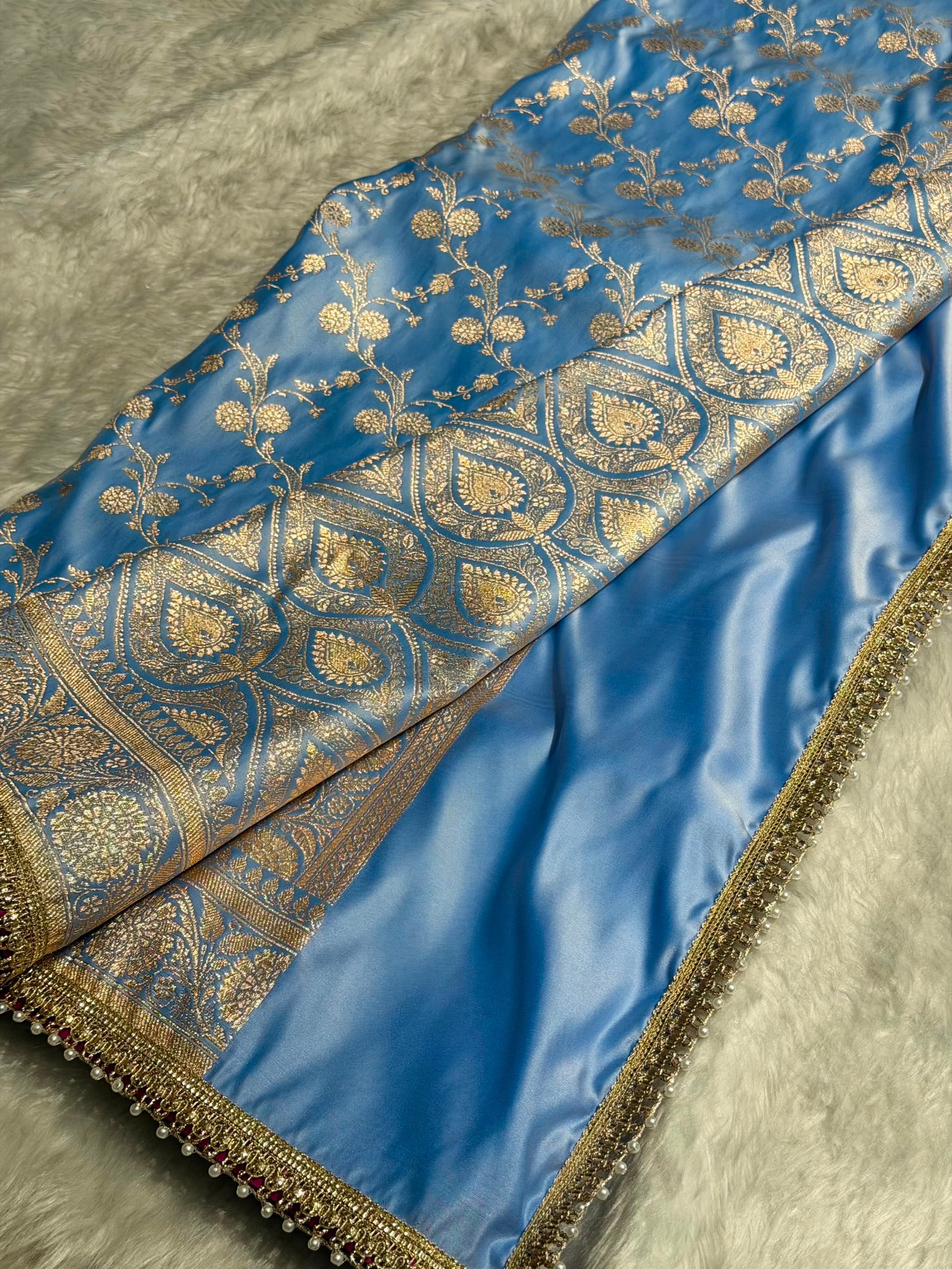 Nile Blue Cross With Gotta Patti Satin Katan Silk Saree SKGP17