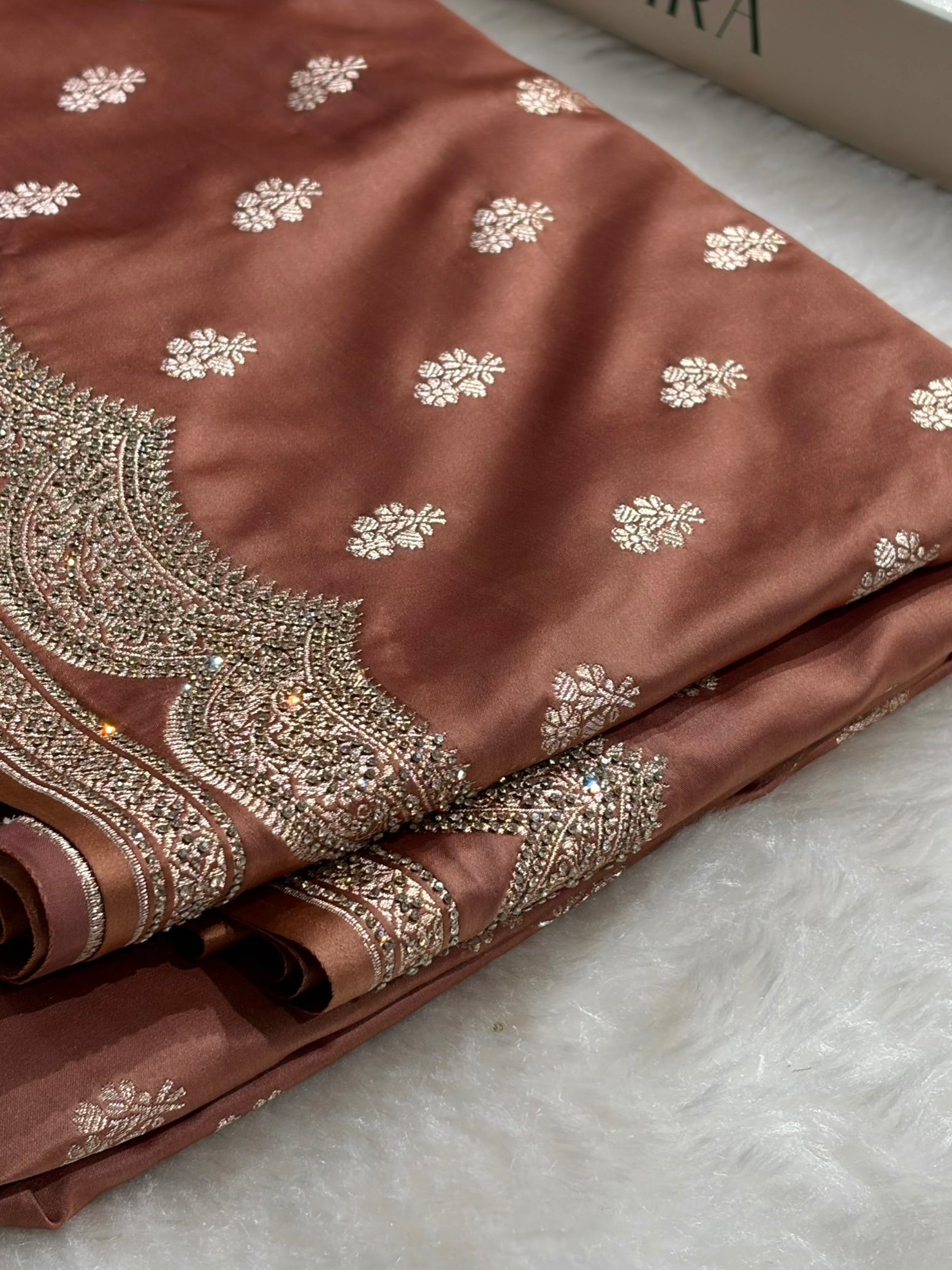Banarasi Dusty Peach Scallop Mashru Silk with White Stone Swarovski work BMS02