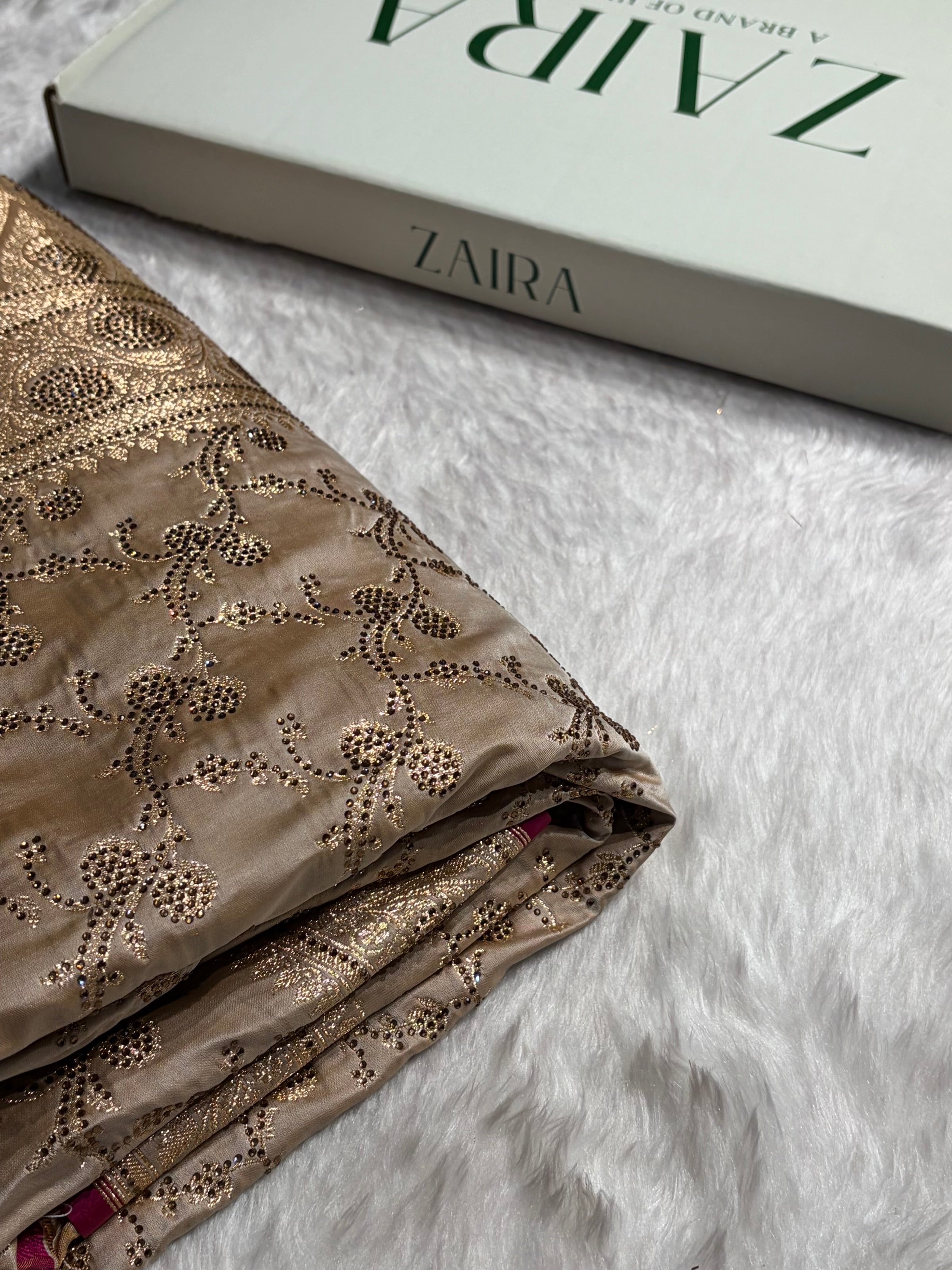 Beige Shades Cross With Swarovski Work Satin Katan Silk Saree BSK17