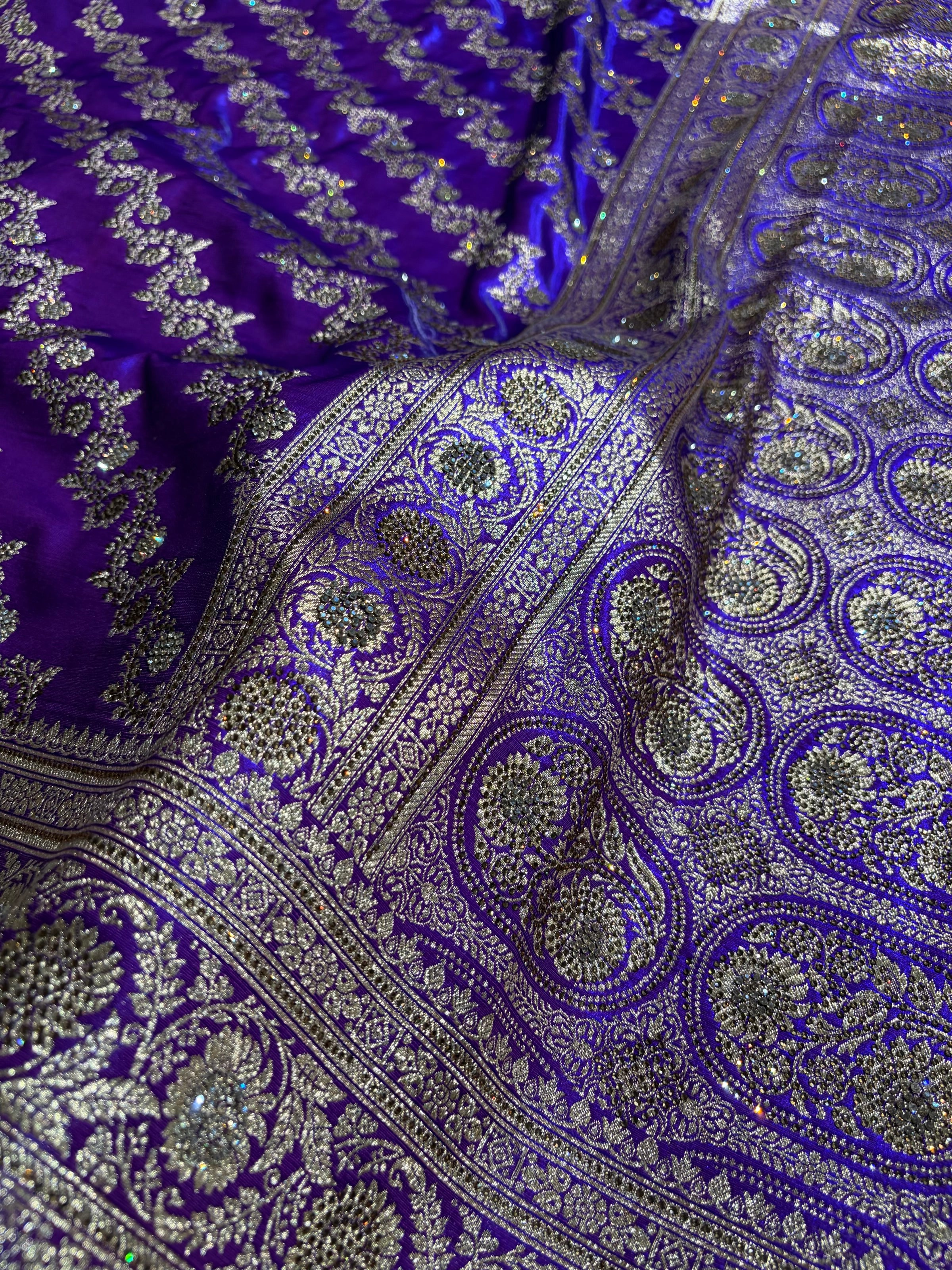 Banarasi Bridal Purple Shades With Swarovski Stone and White Stone Work Satin Silk Saree BSS32