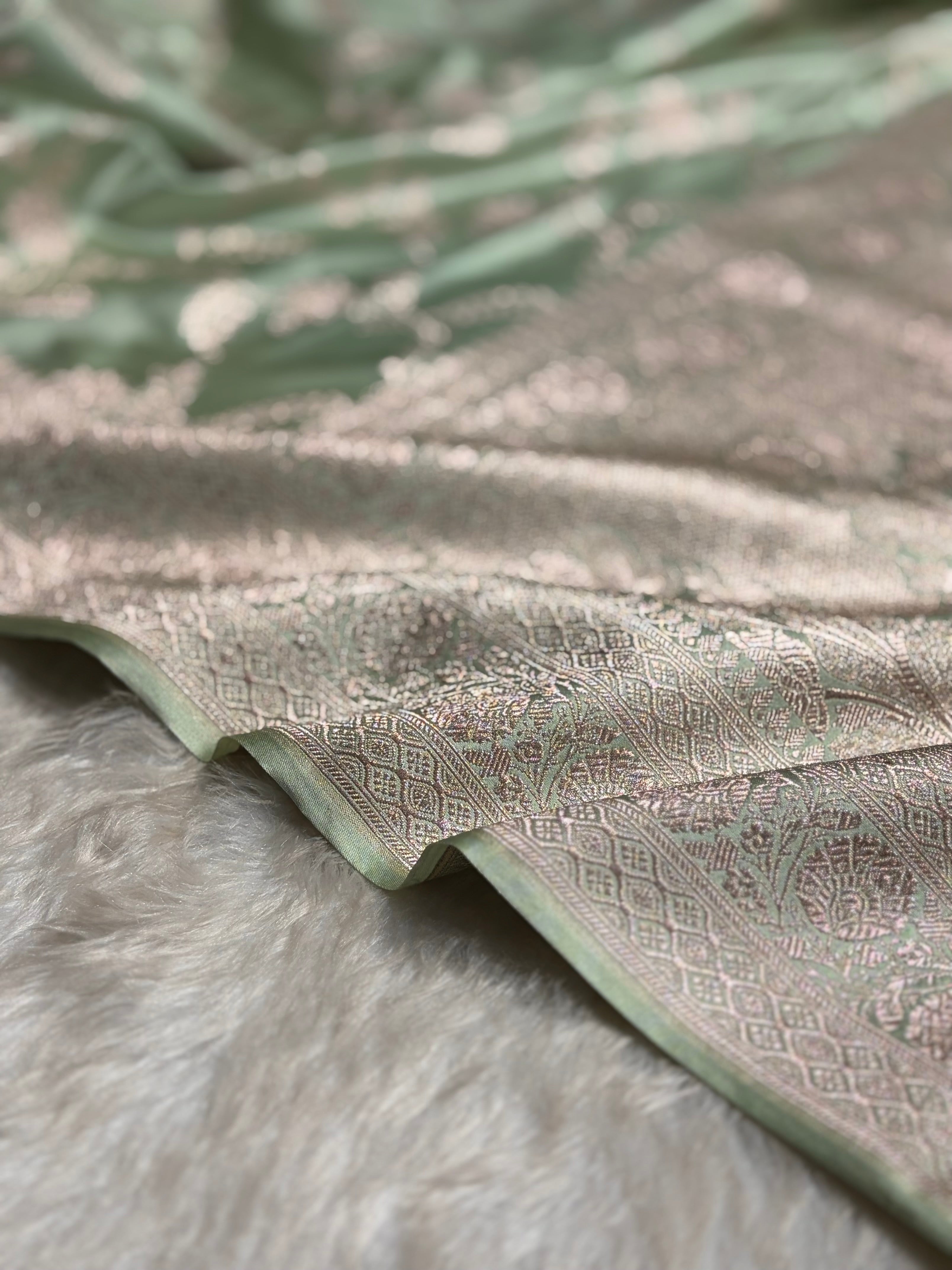 Light Pista Banarasi Jaal Mashru Silk Saree MS23