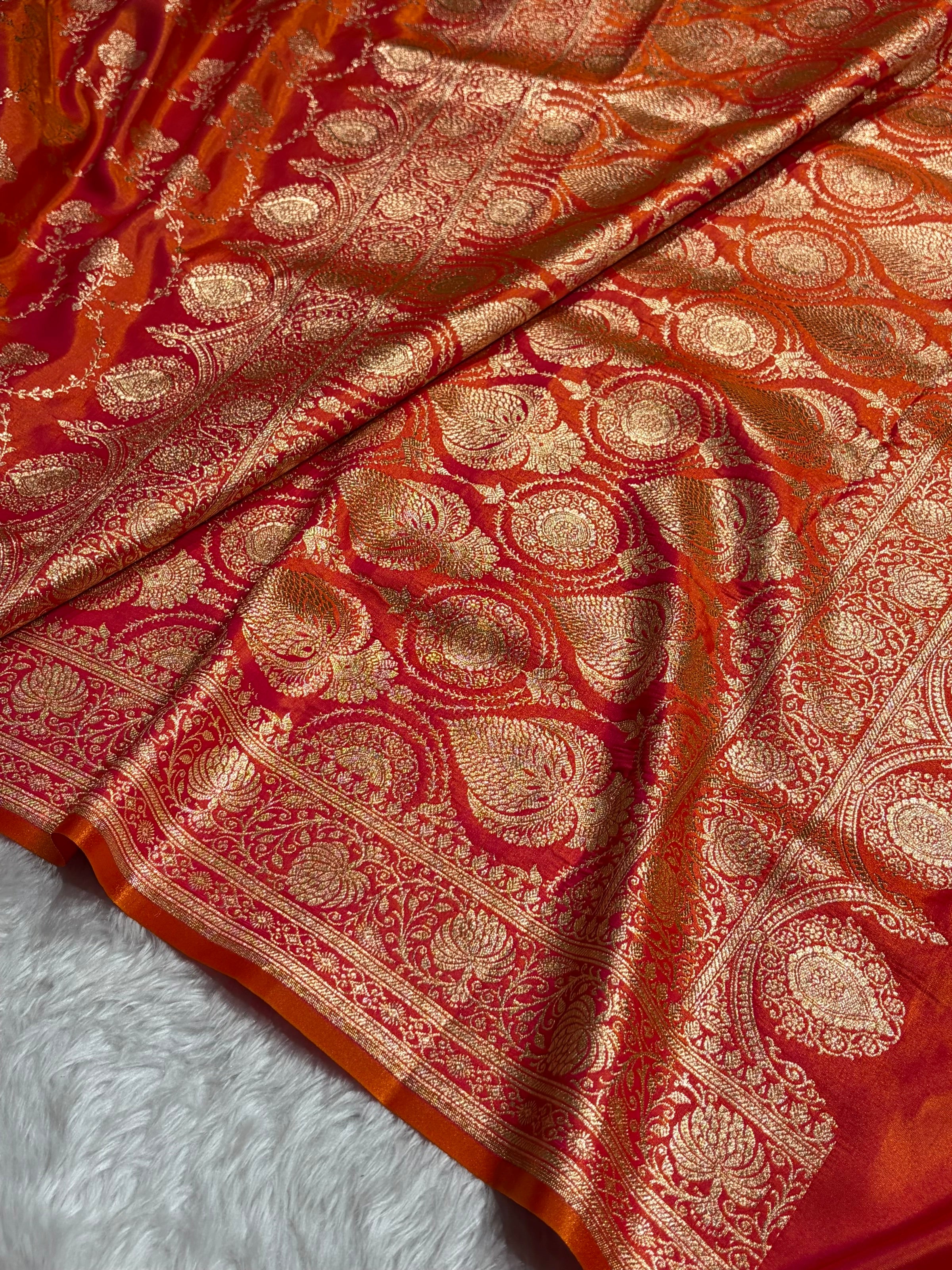 Satin Silk Saree Jaal in Pinkish Orange Shades SS23