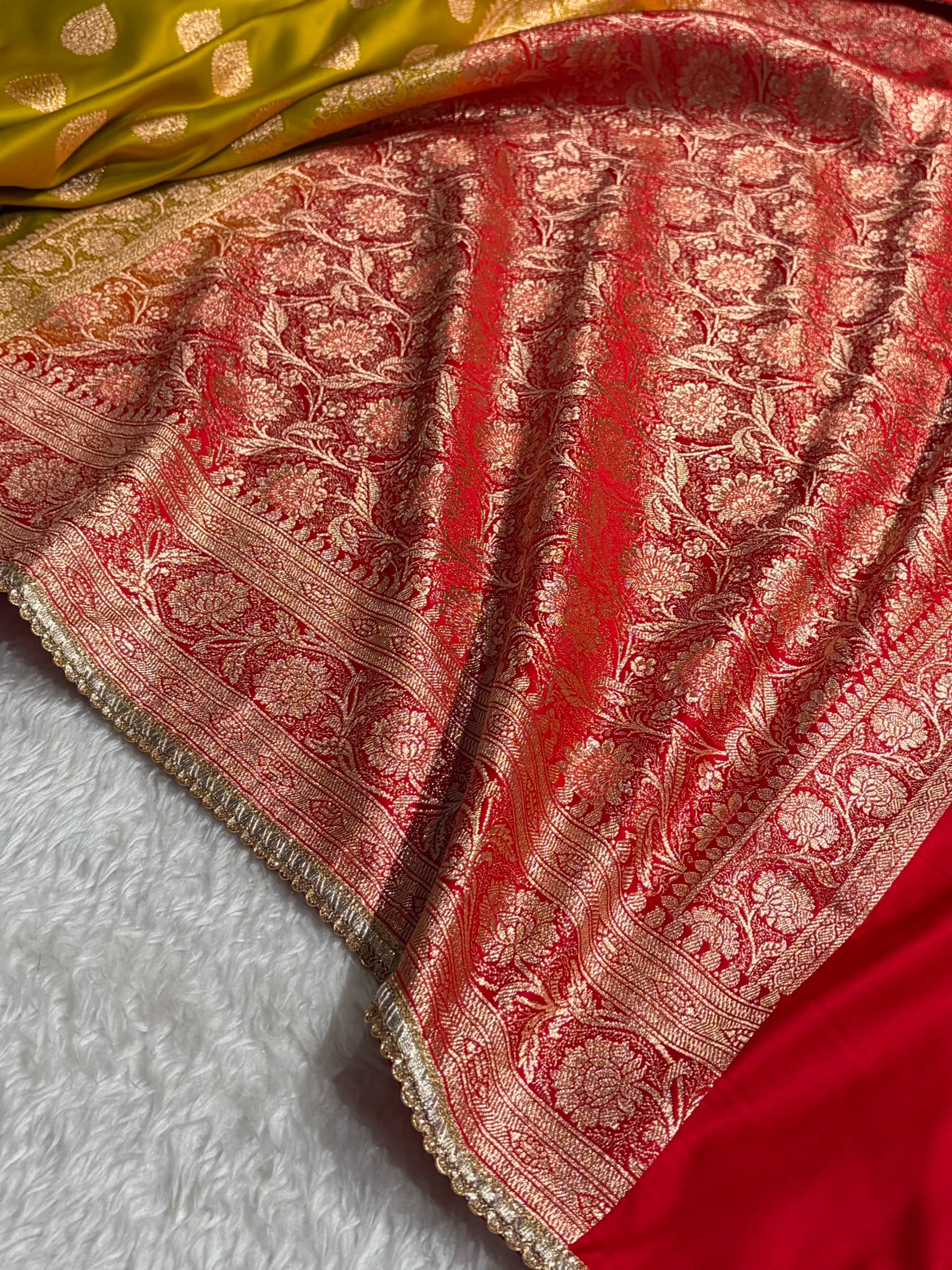 Olive Green-Red Contrast With Banarasi Gotta Patti Boota Katan Silk Saree SKMGP14