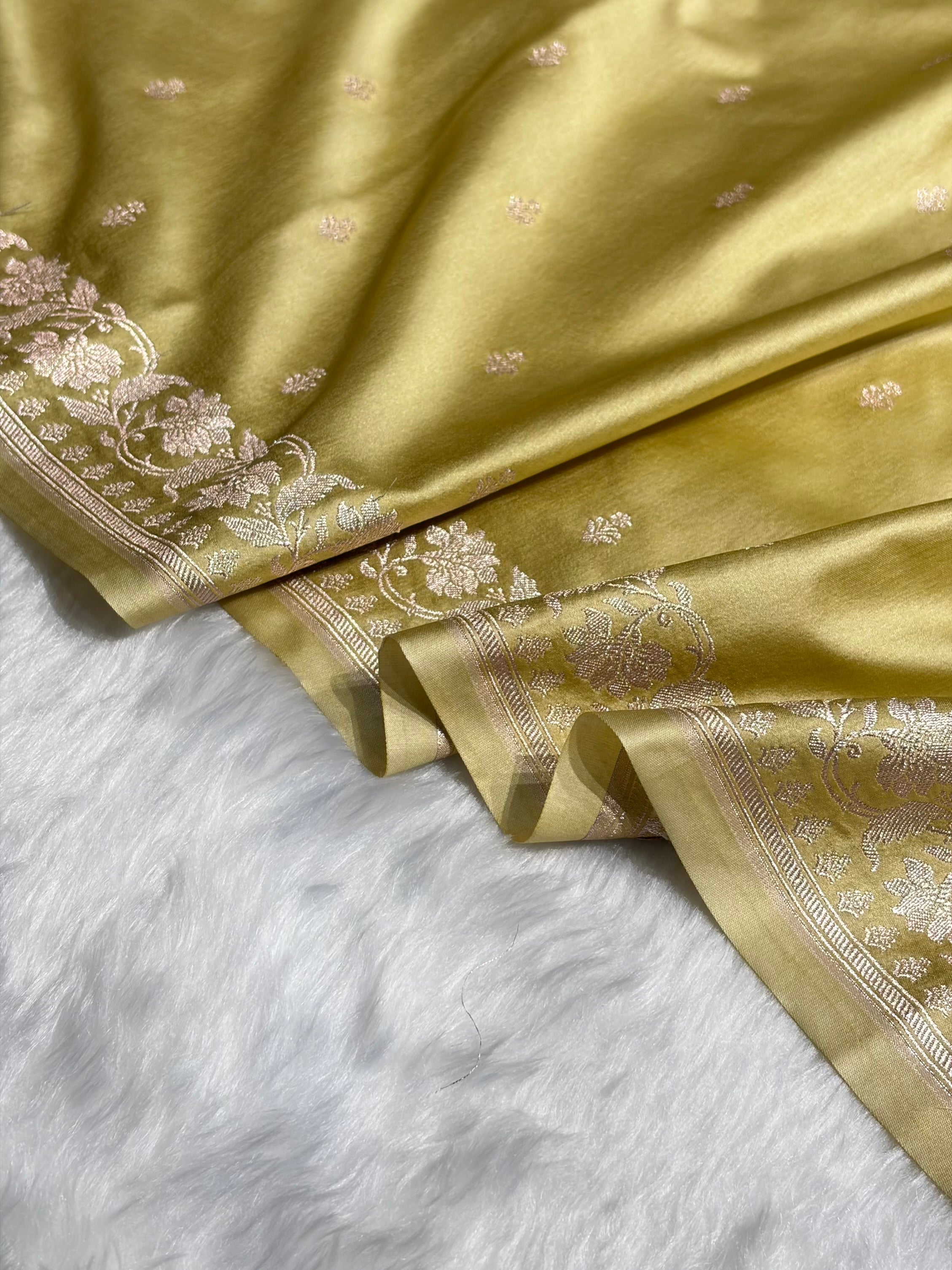 Banarasi Pastel Yellow Shades Floral Mashru Silk Saree MS88