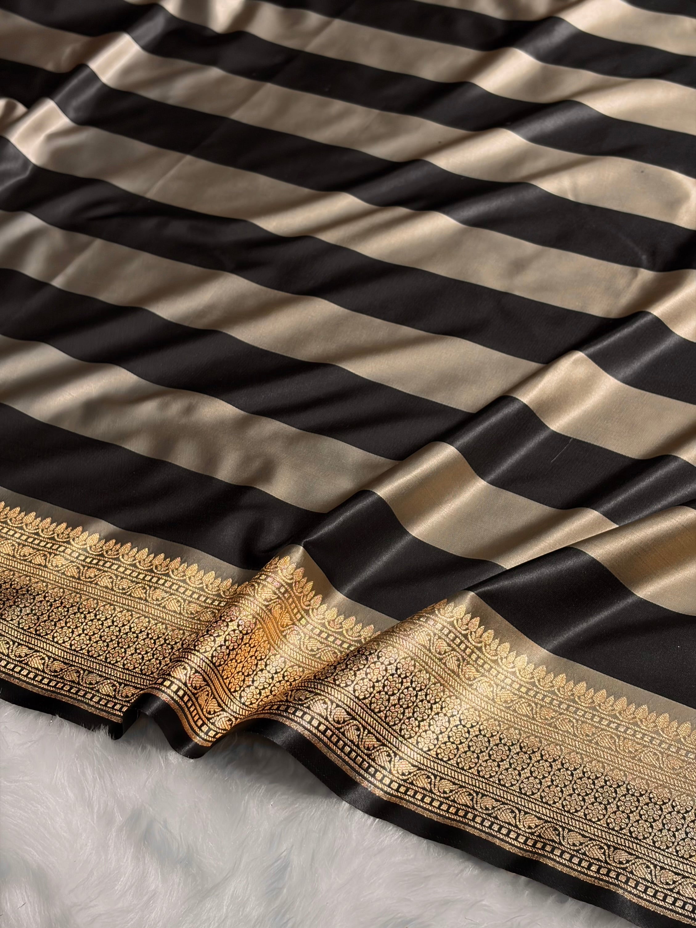 Gray With Black Horizontal Strips Floral Border & Brocket Blouse Mashru Silk Saree MSM-84