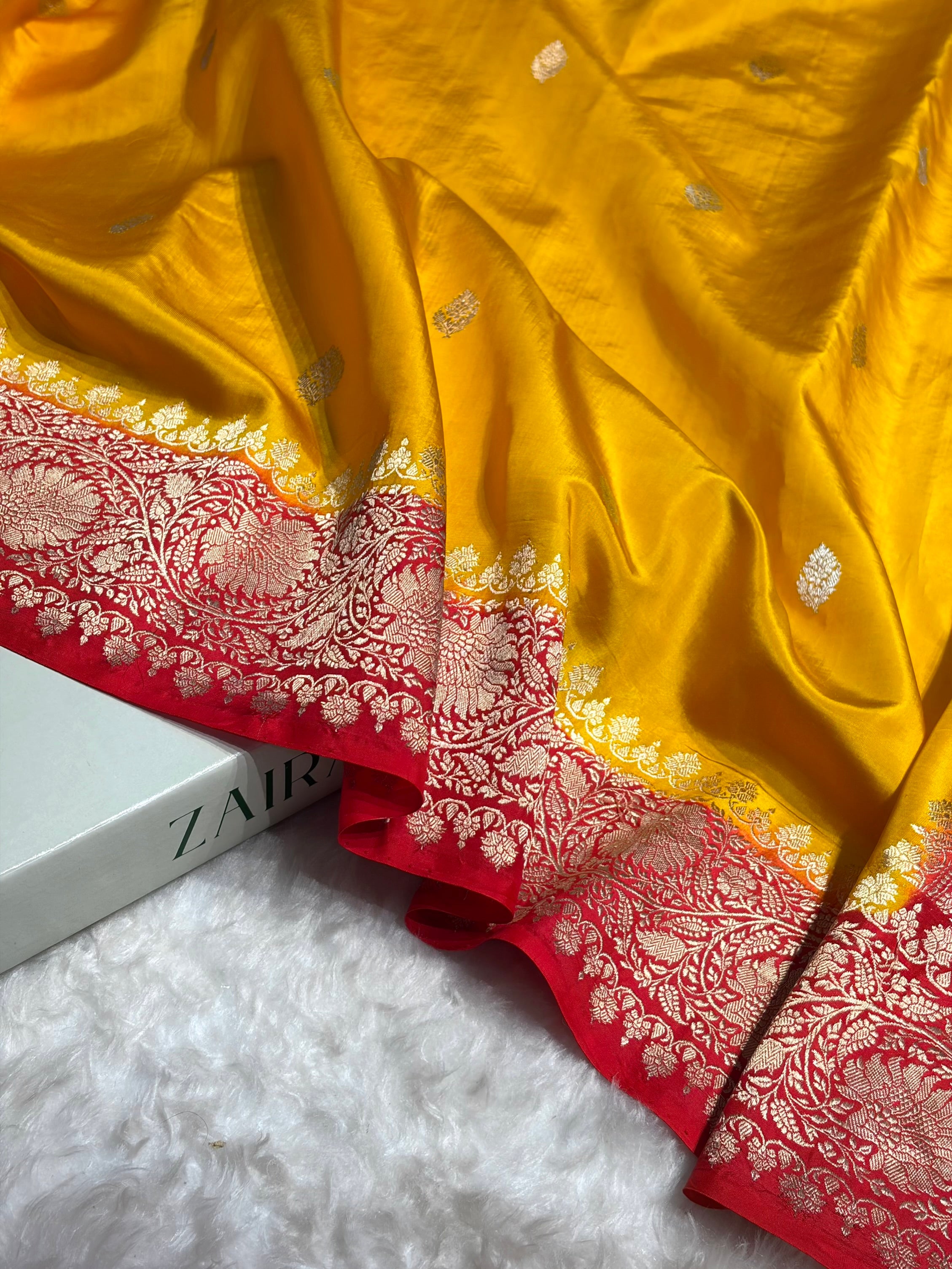 Contrast Mustard Gold With Red Boota Handwoven Pure Katan Raw Mango Silk RM-33