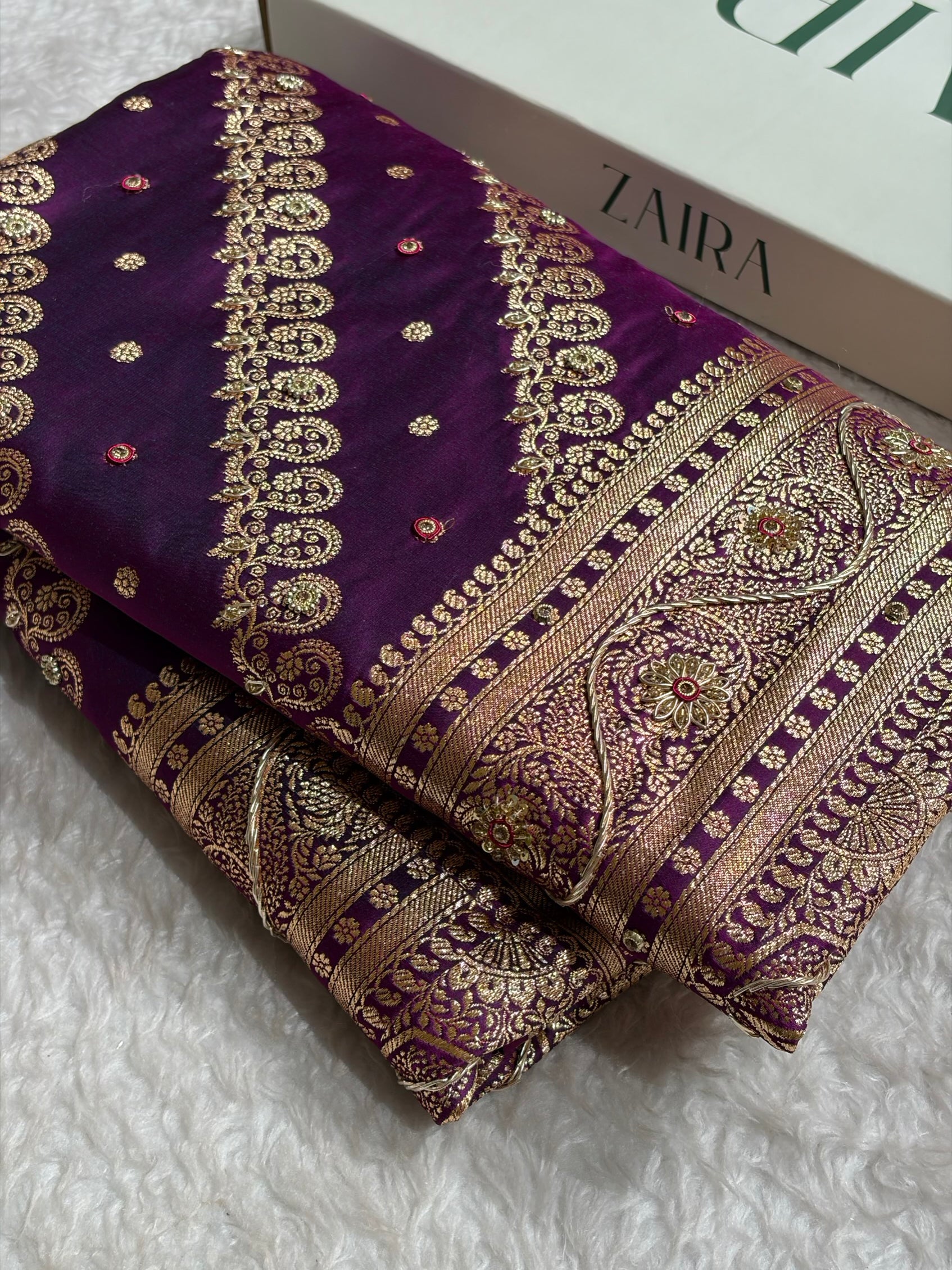 Banarasi Wine Shades Cross Floral Pattern With Zardozi Work Satin Katan Silk Saree BSK79