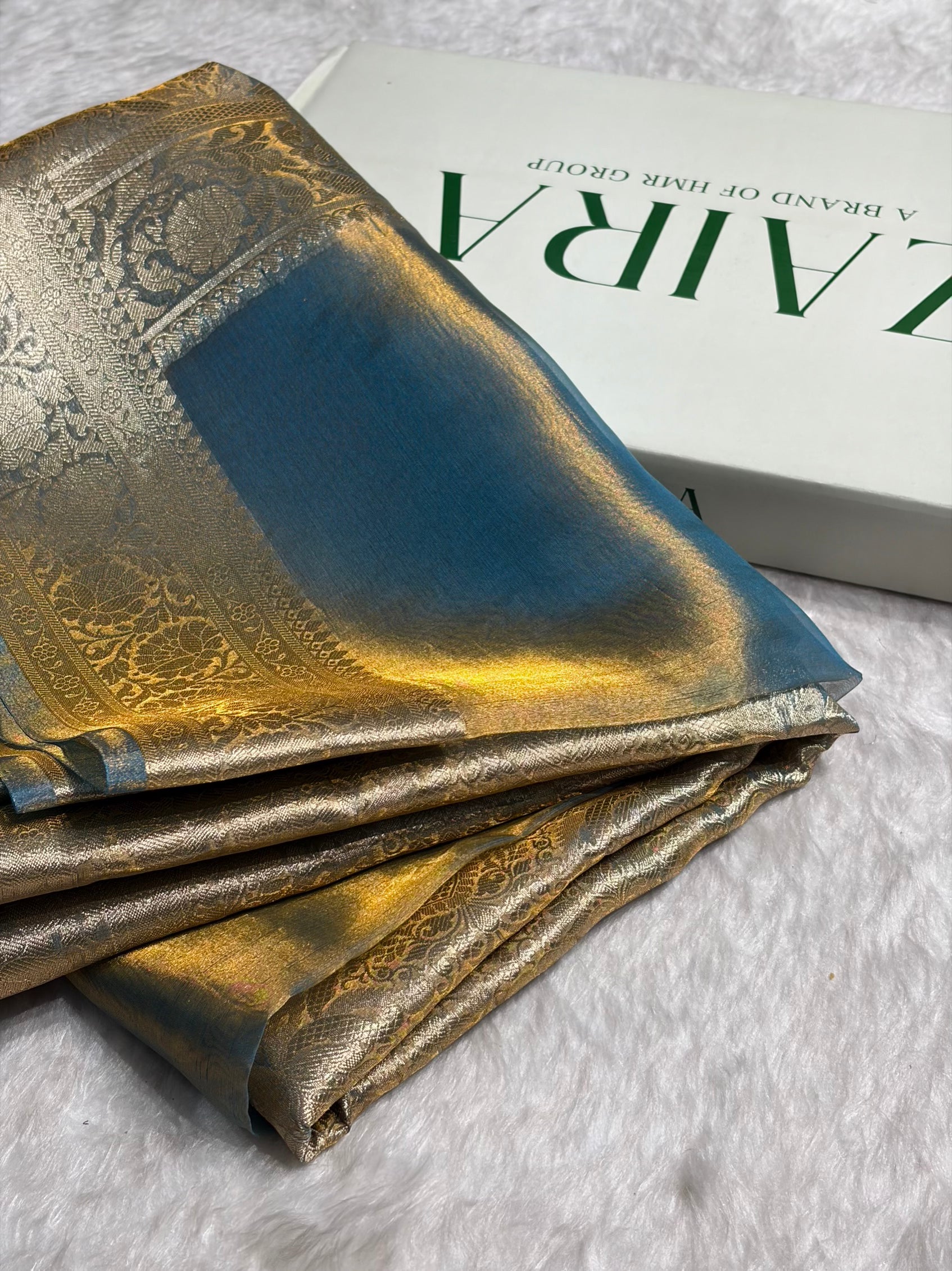 Goldish Firozi Shades Banarasi Pure Tissue Silk Saree with Brocade Blouse PT-18