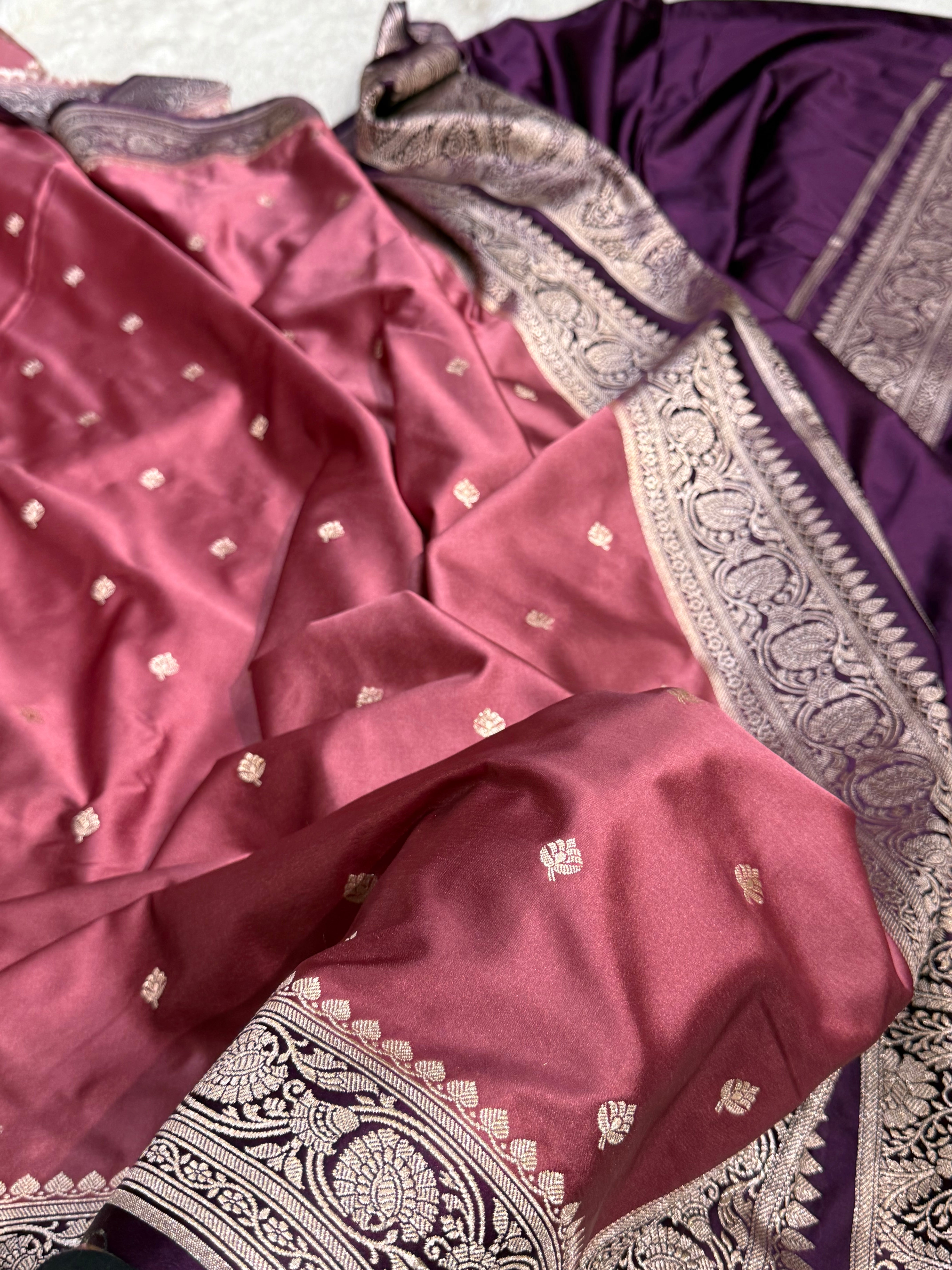 Booti Motif In Mauve -Wine Contrast Mashru Silk Saree