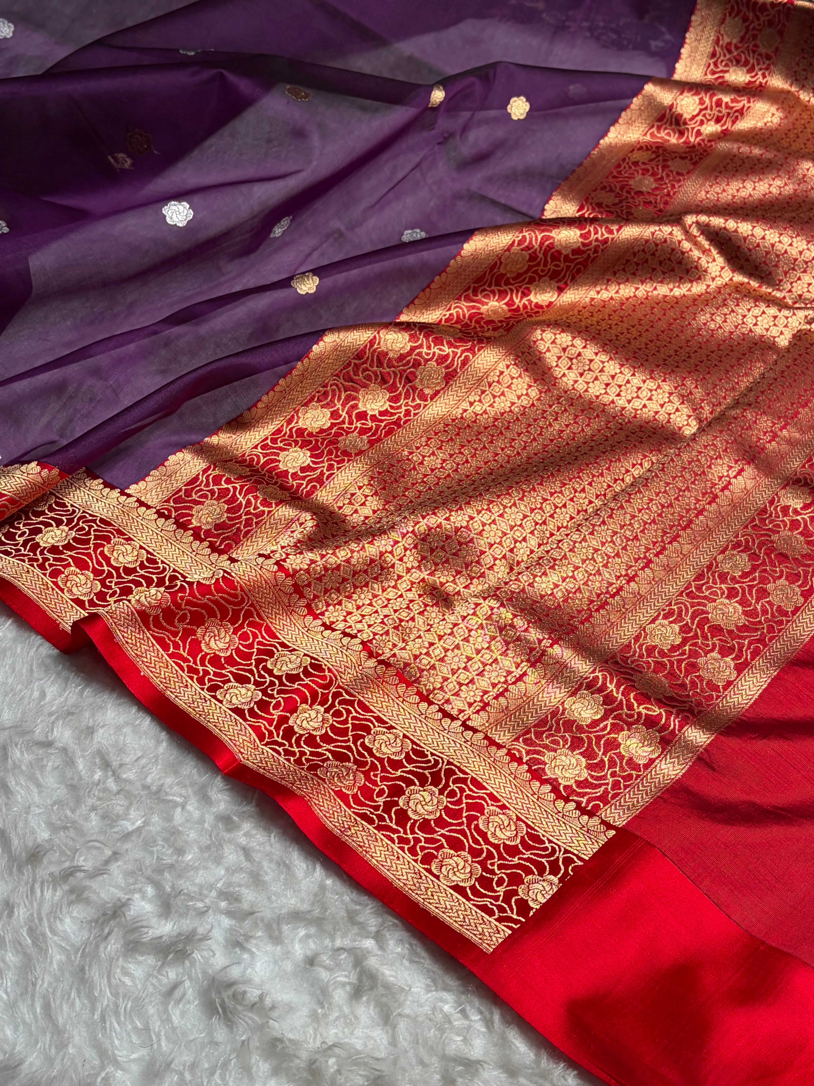 Contrast Pure Banarasi Organza Wine With Red Floral Banarasi Silk Saree PO-10