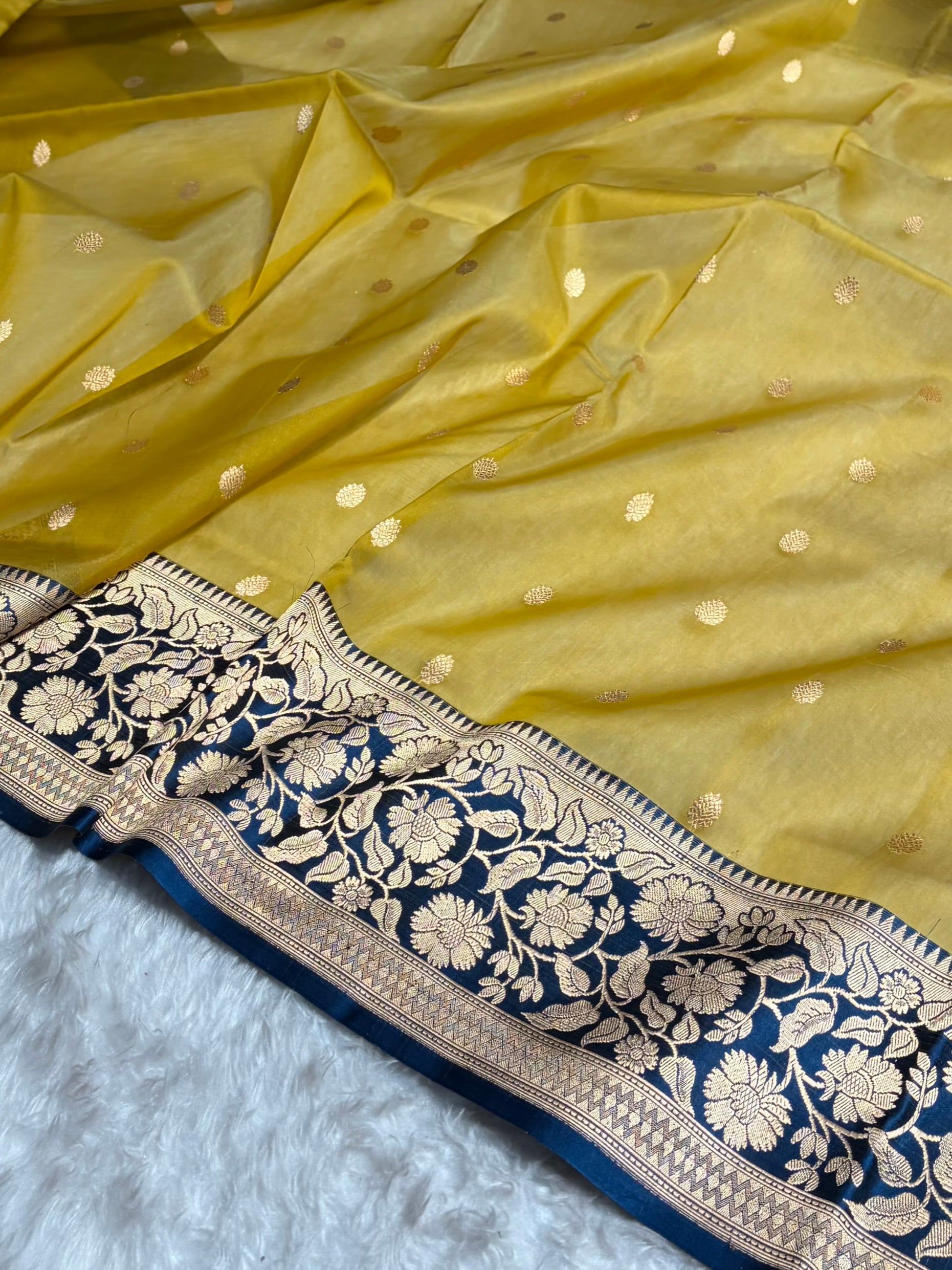 Contrast Pure Banarasi Organza Beige With German Blue Floral Banarasi Silk Saree PO-18