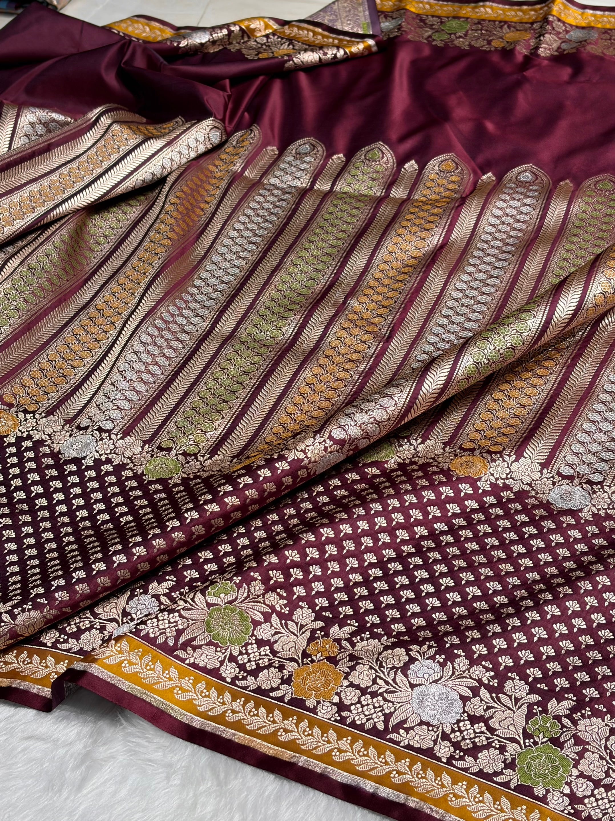 Garnet Shades Floral Minakari Skirt Border Mashru Silk Saree MSM-83