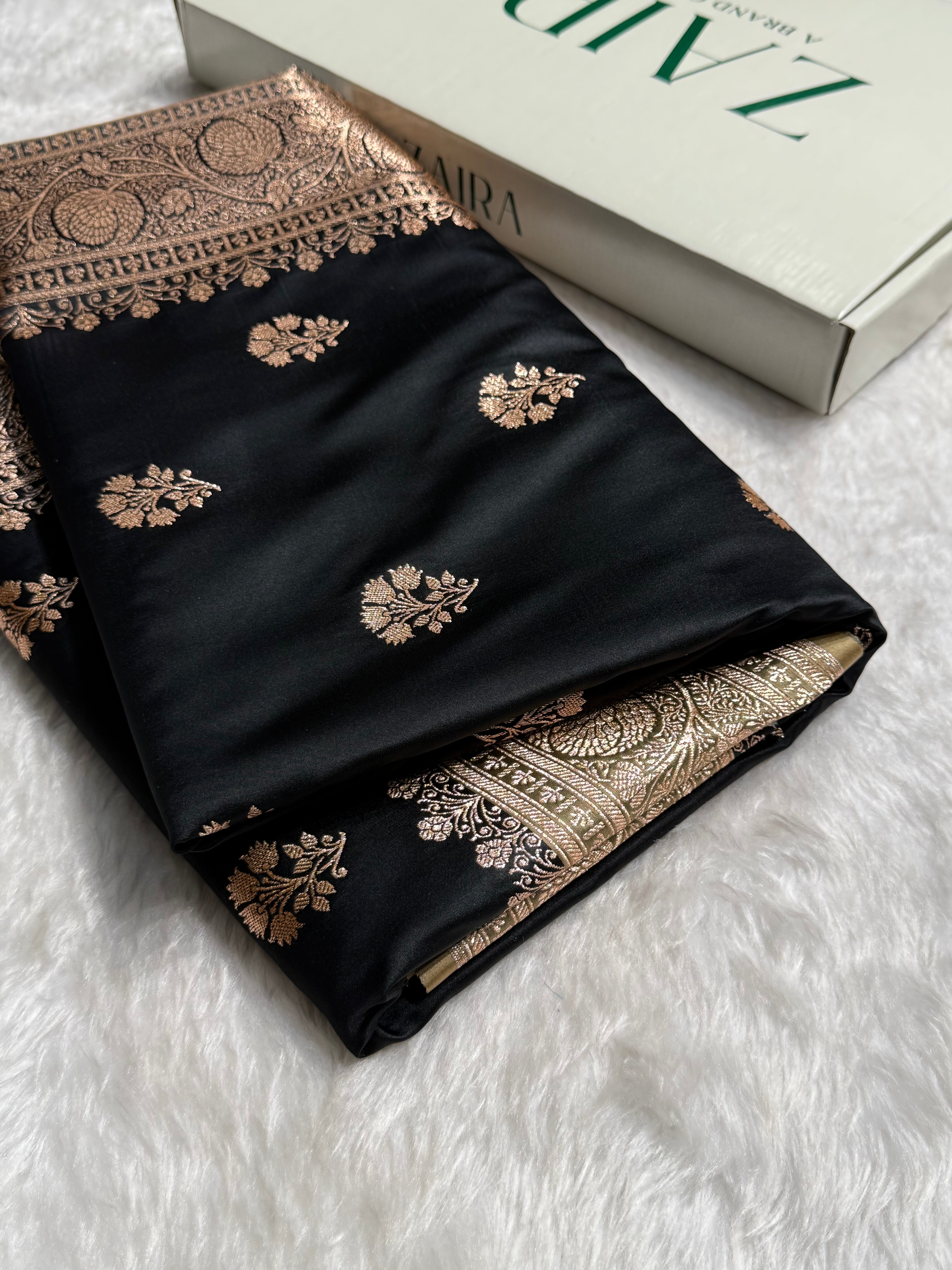 Black - Cream Banarasi Boota Katan Silk Saree