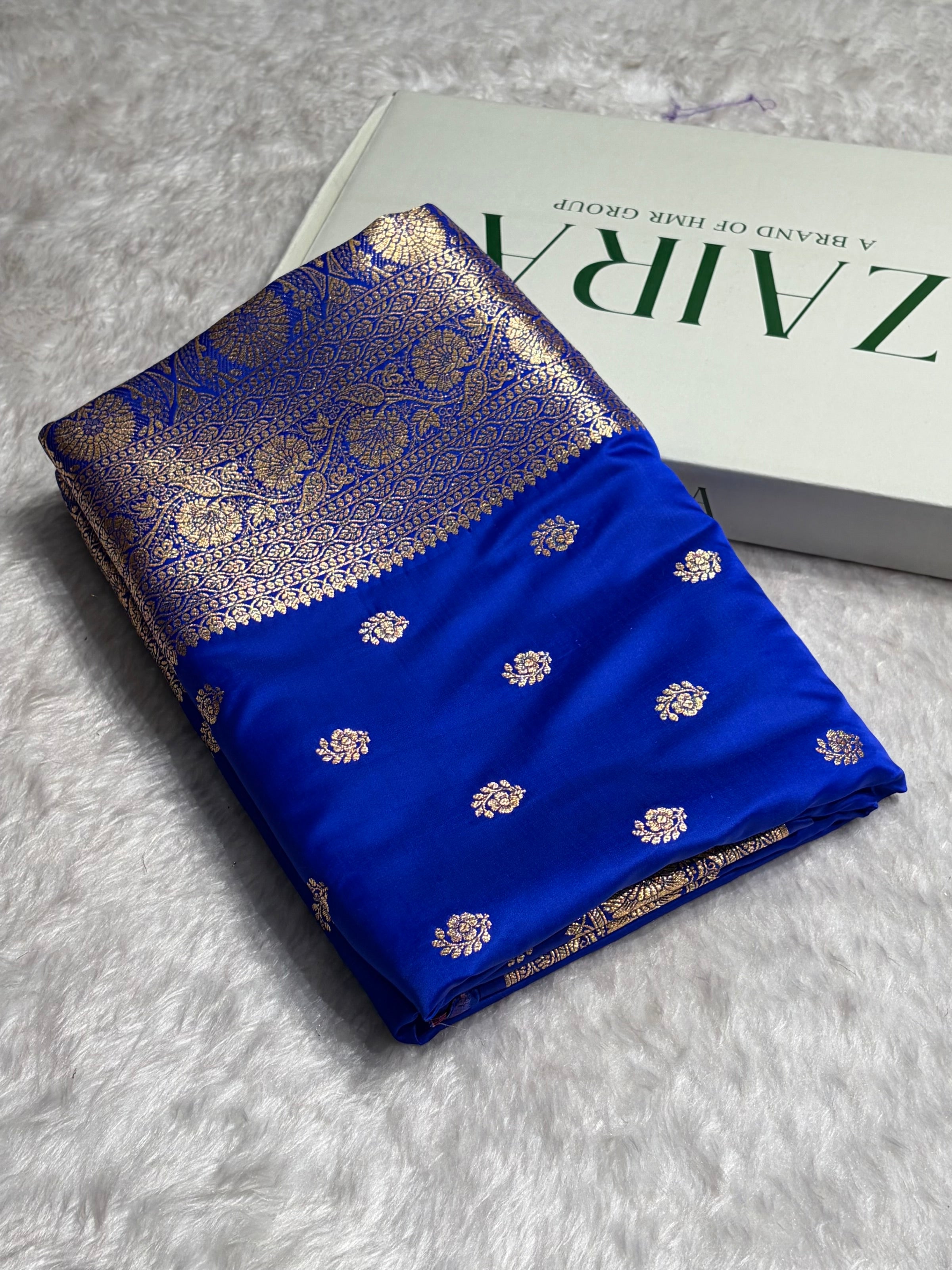 Royal Blue Floral Boota Pattern Satin Katan Silk Saree SK72