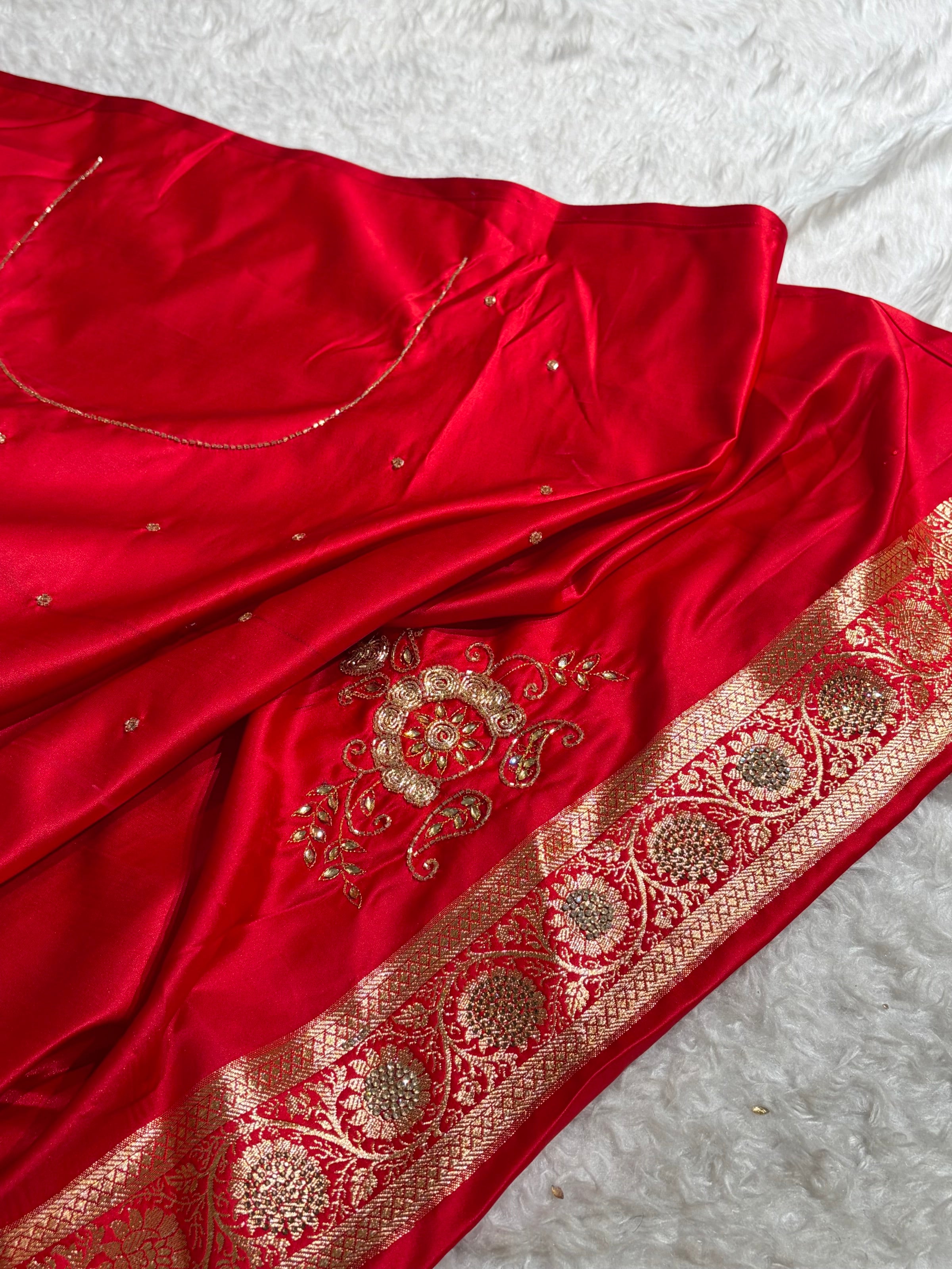 Red Banarasi Brocade With Swarovski Work Soft Katan Silk Saree - BSK44