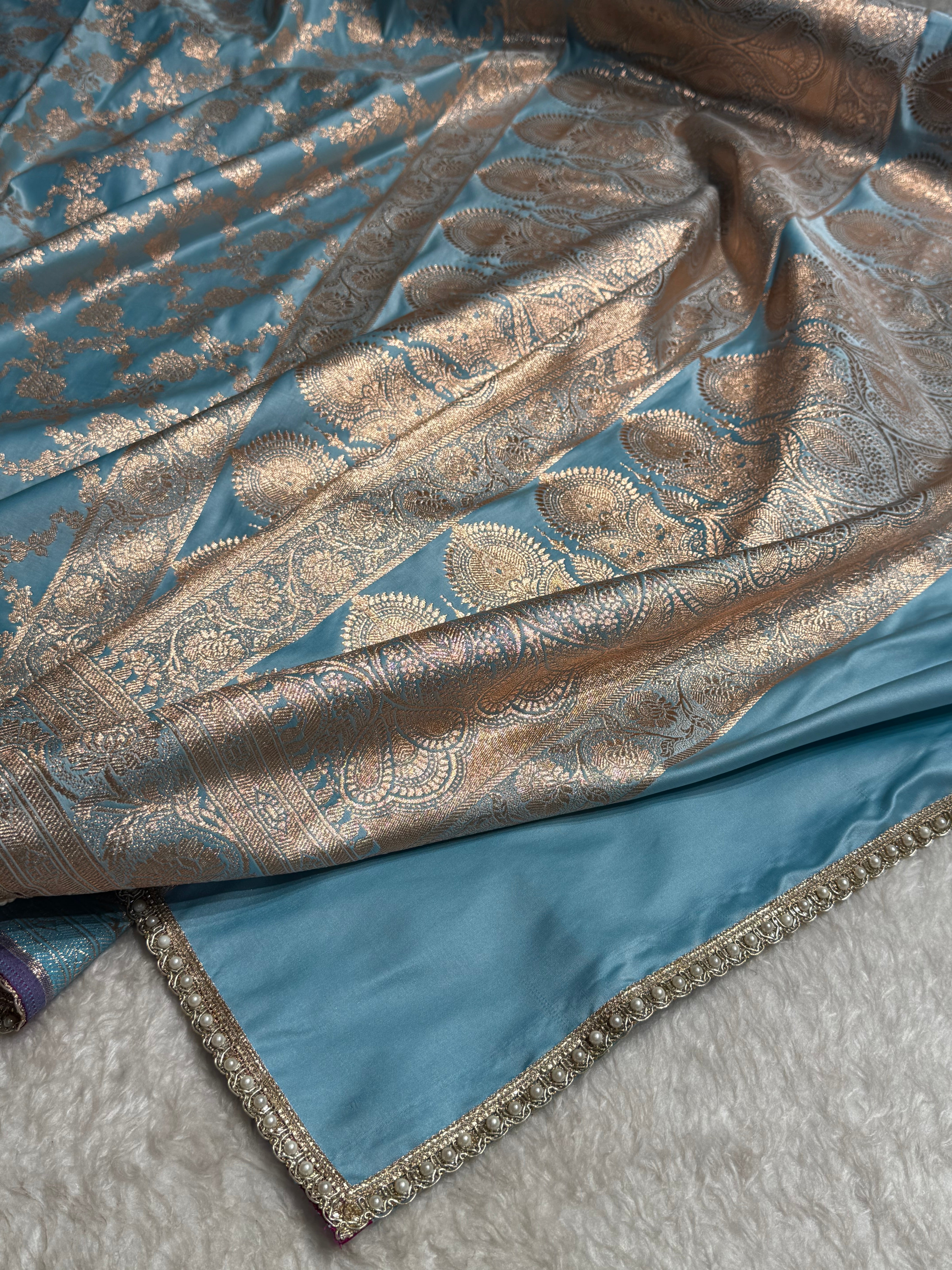 Banarasi Satin Katan Silk Saree In Sky Blue Shades with gotta Patti