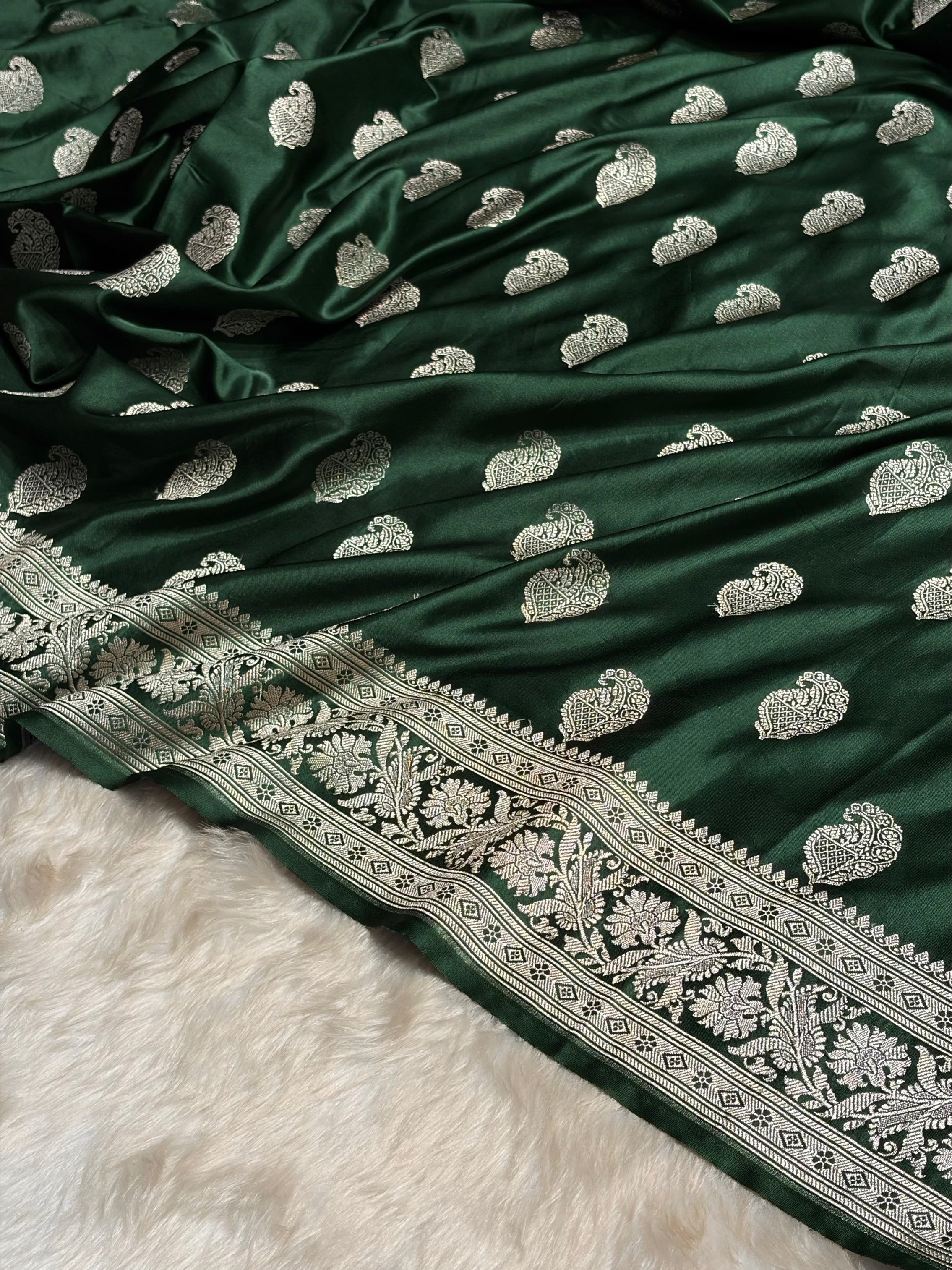 Dark Bottle Green Shades Minakari Motif Mashru Silk Saree MS09
