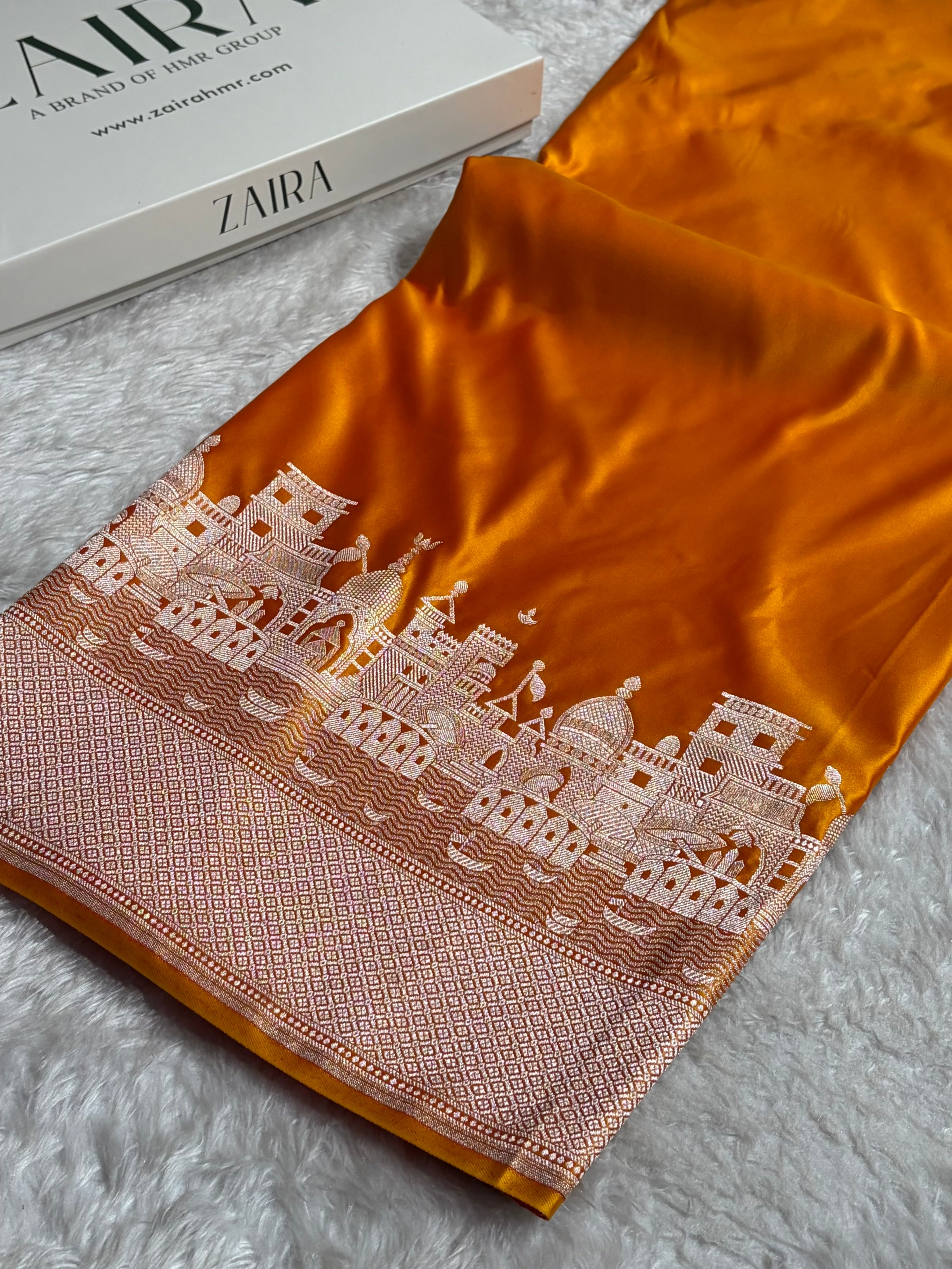 Orange Shades Ghat Pattern Satin Katan Silk Saree SK19