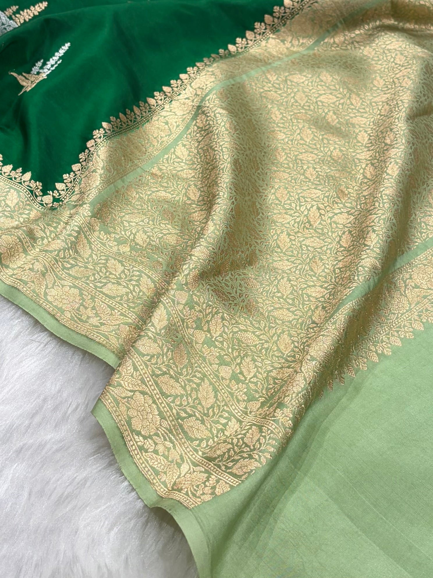 Bottle Green With Pista Contrast Shades Meena Boota Handwoven Pure Katan Paper Silk RM-36