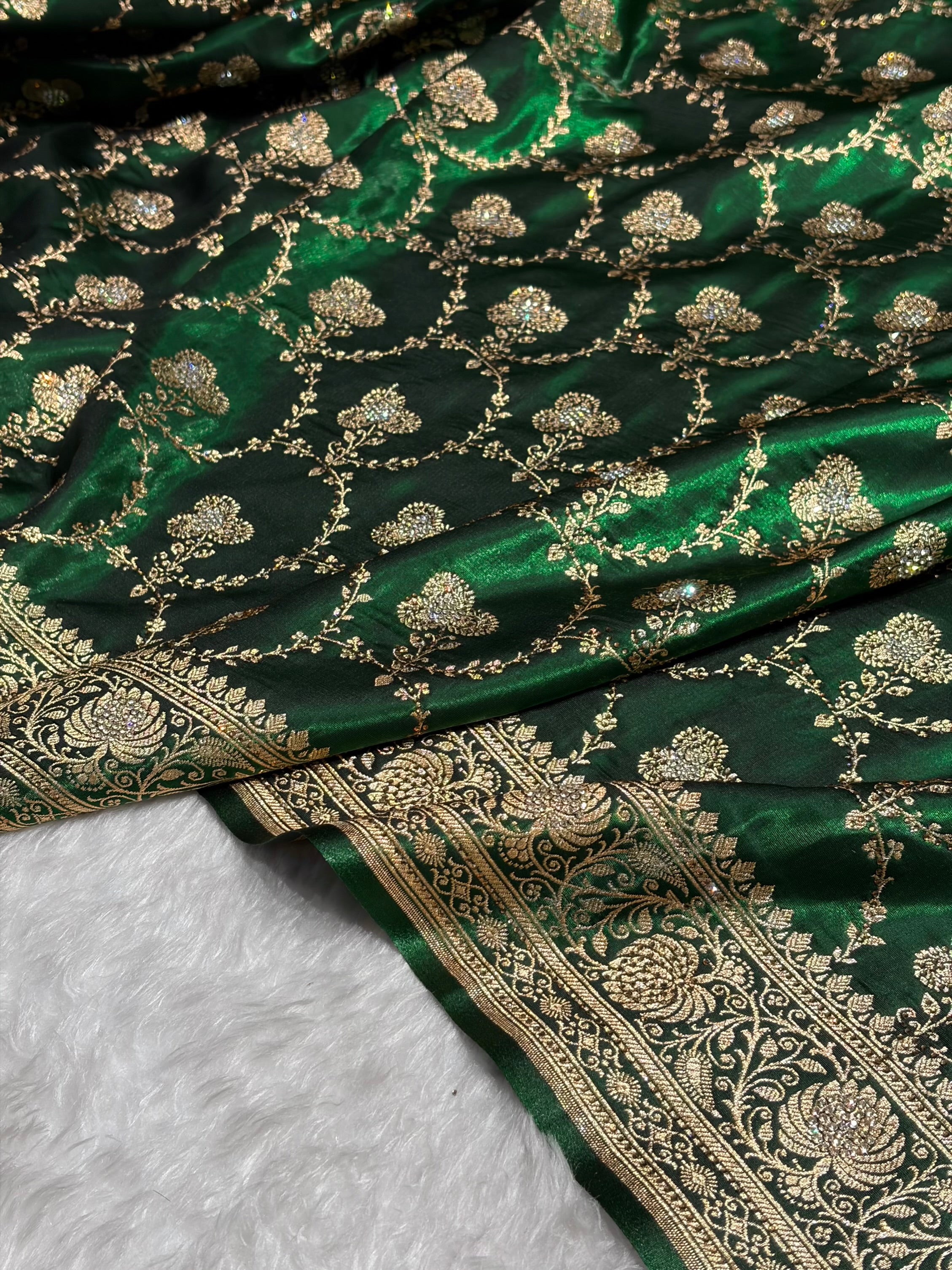 Satin Silk Saree Banarasi Swarovski Work Jaal in Bottle Green Shades BSS23 (R)