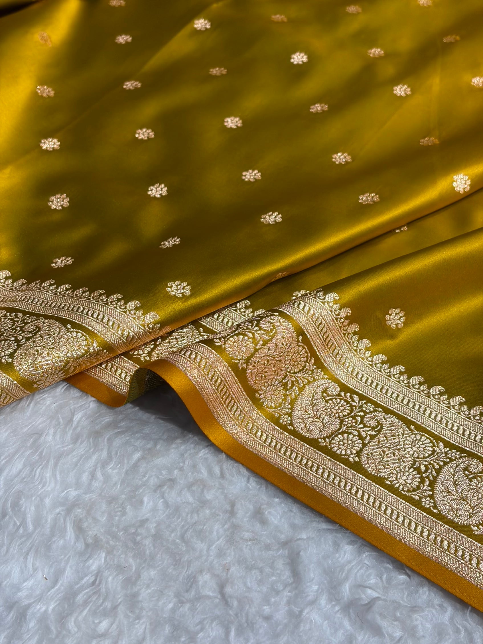 Banarasi Satin Katan Saree With Boota Pattern in Liril Mehendi Shades SK127
