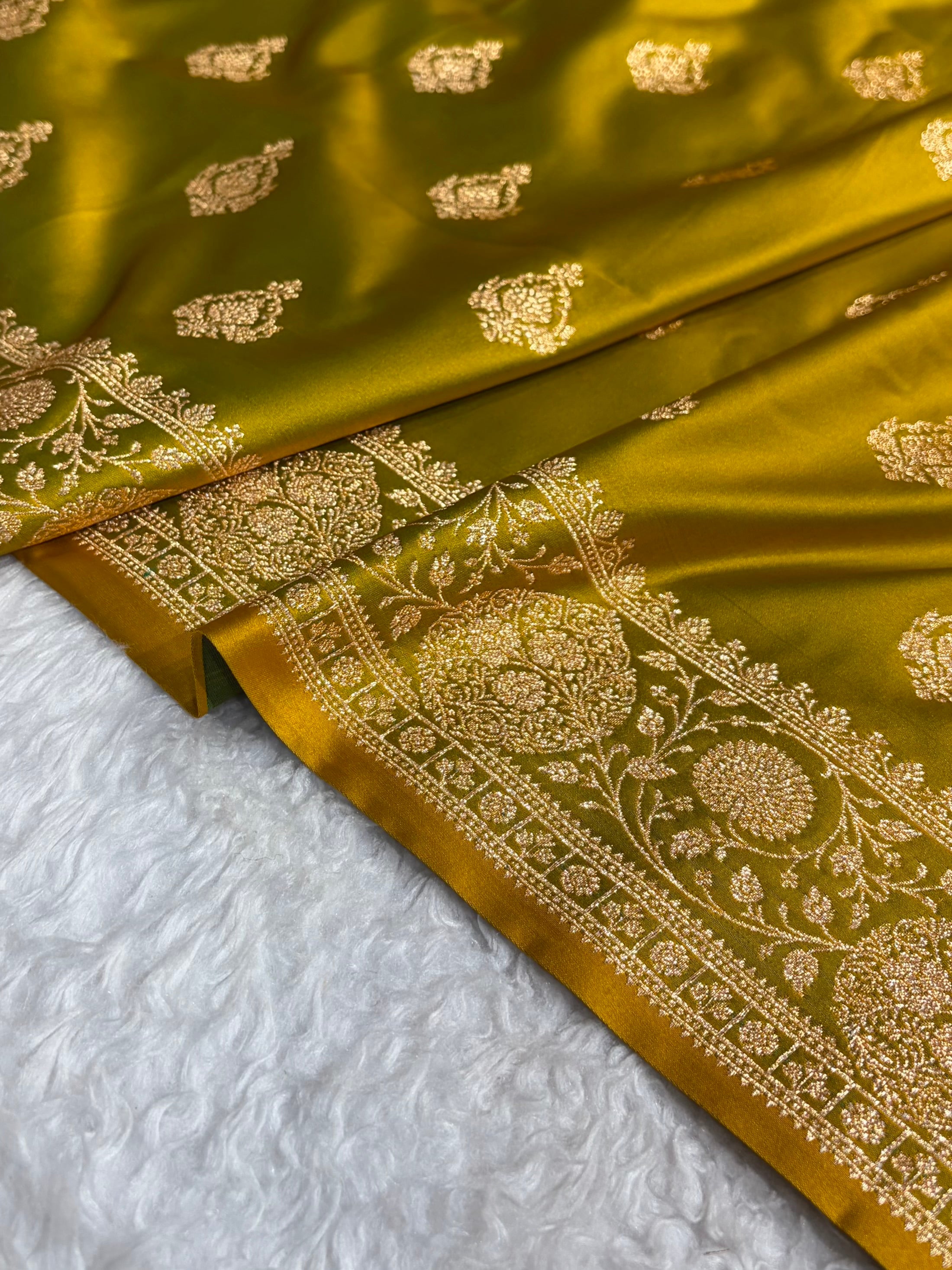 Banarasi Satin Katan Saree With Boota in Liril Mehendi Shades SK98