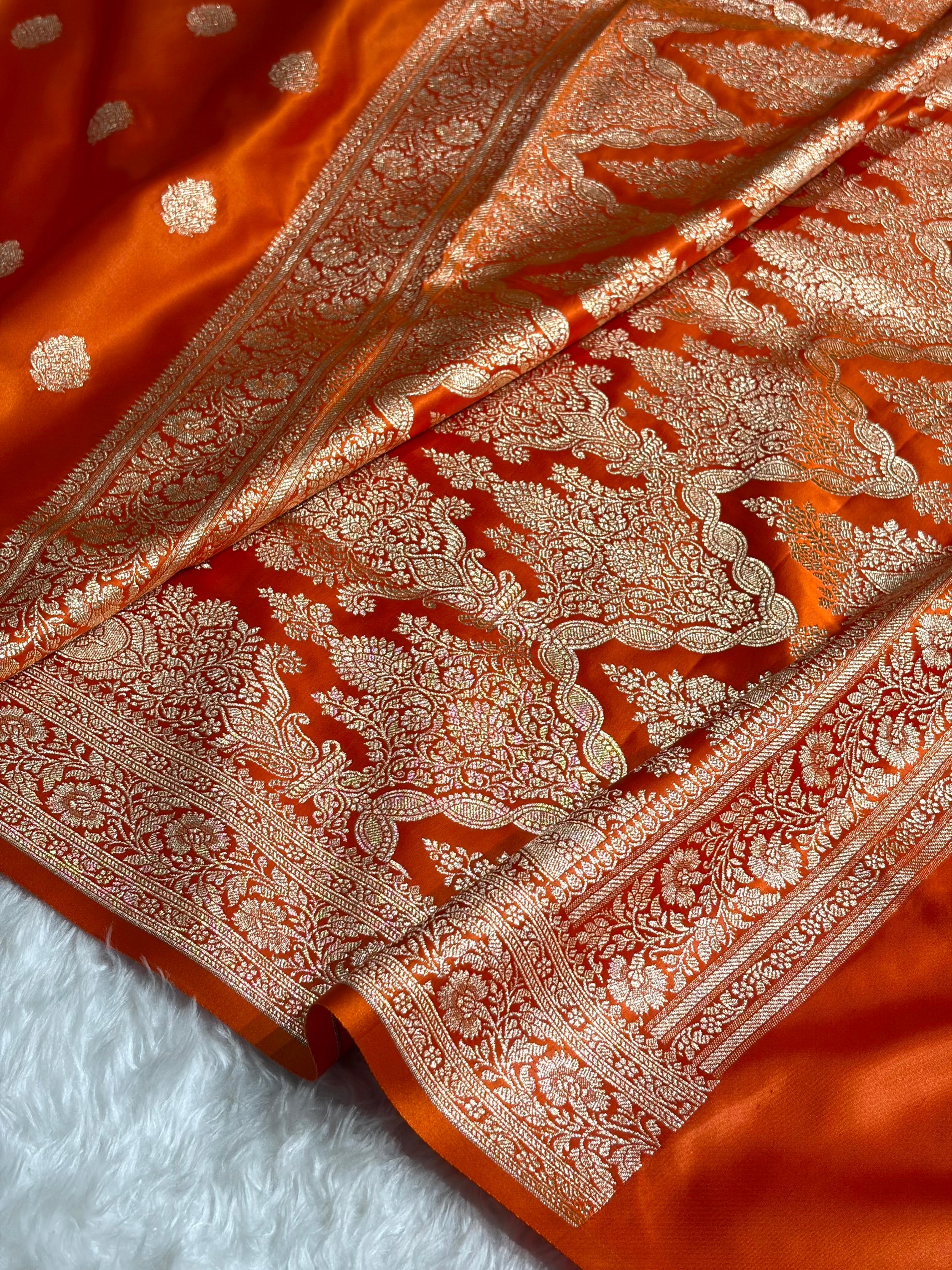 Banarasi Fanta Orange Booti Pattern Satin Katan Silk Saree SK65