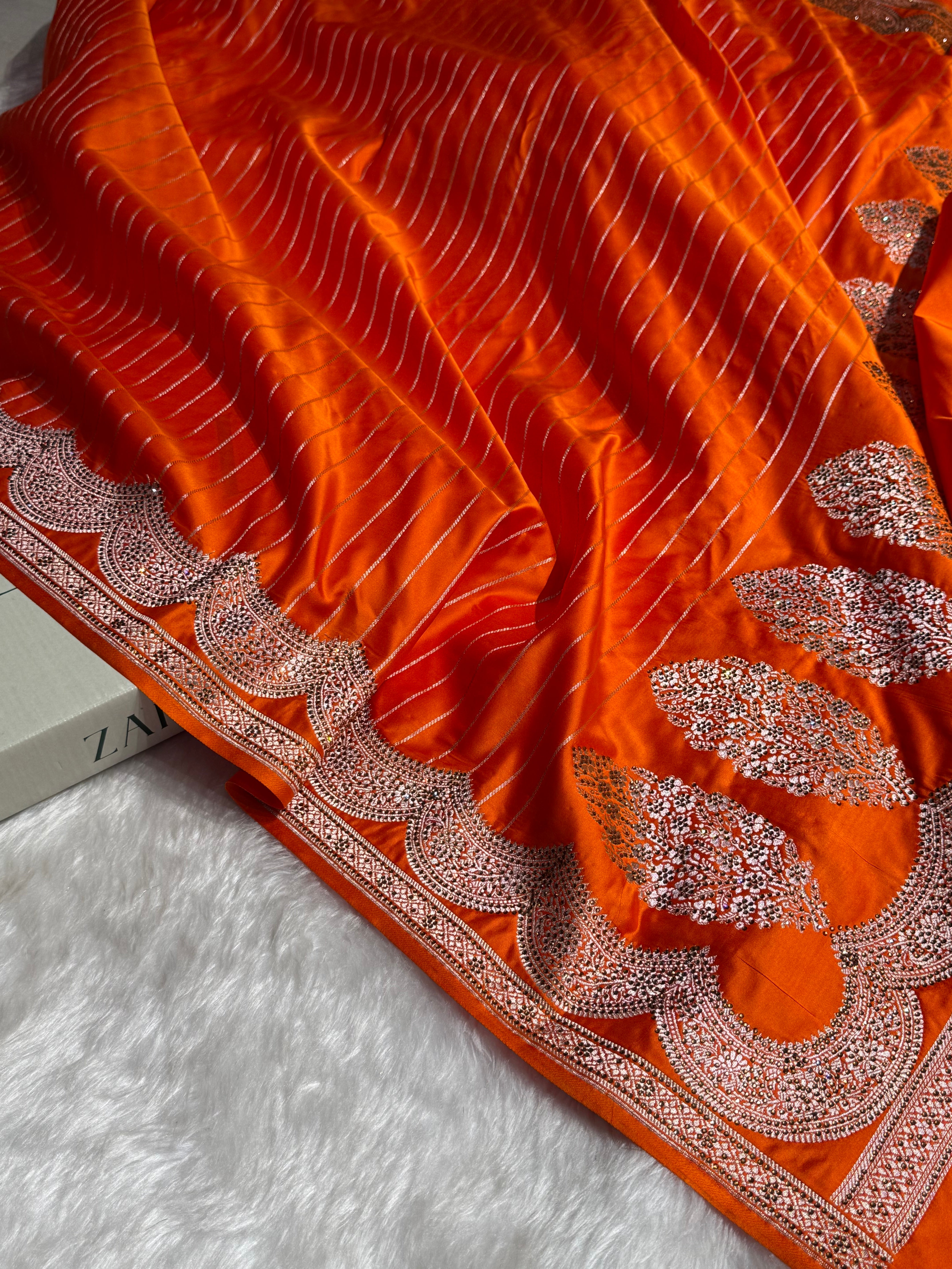 Orange Scallop Stripe Mashru Silk with Swarovski work