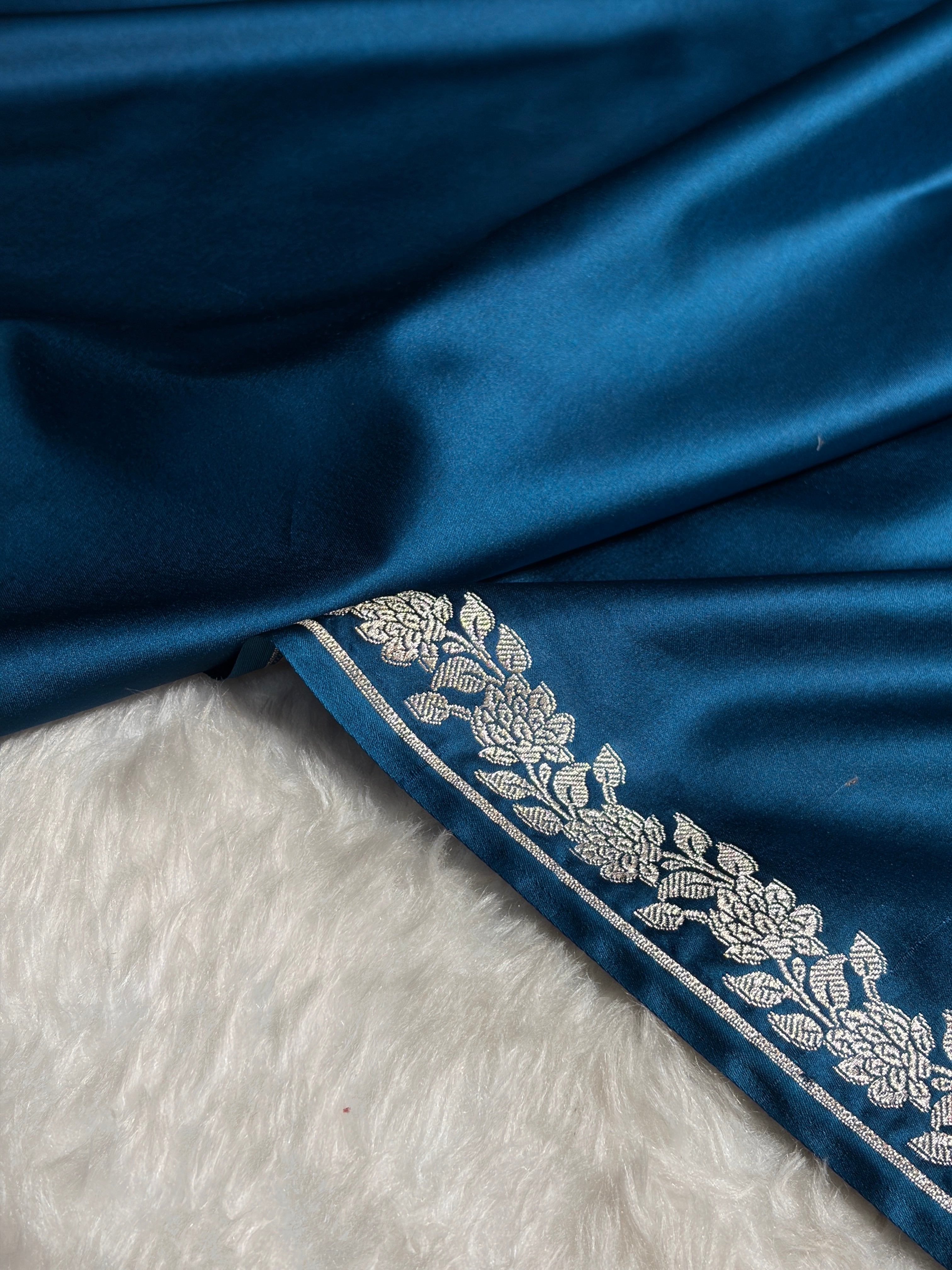 German Blue With Floral Border Mashru Silk Saree MS80