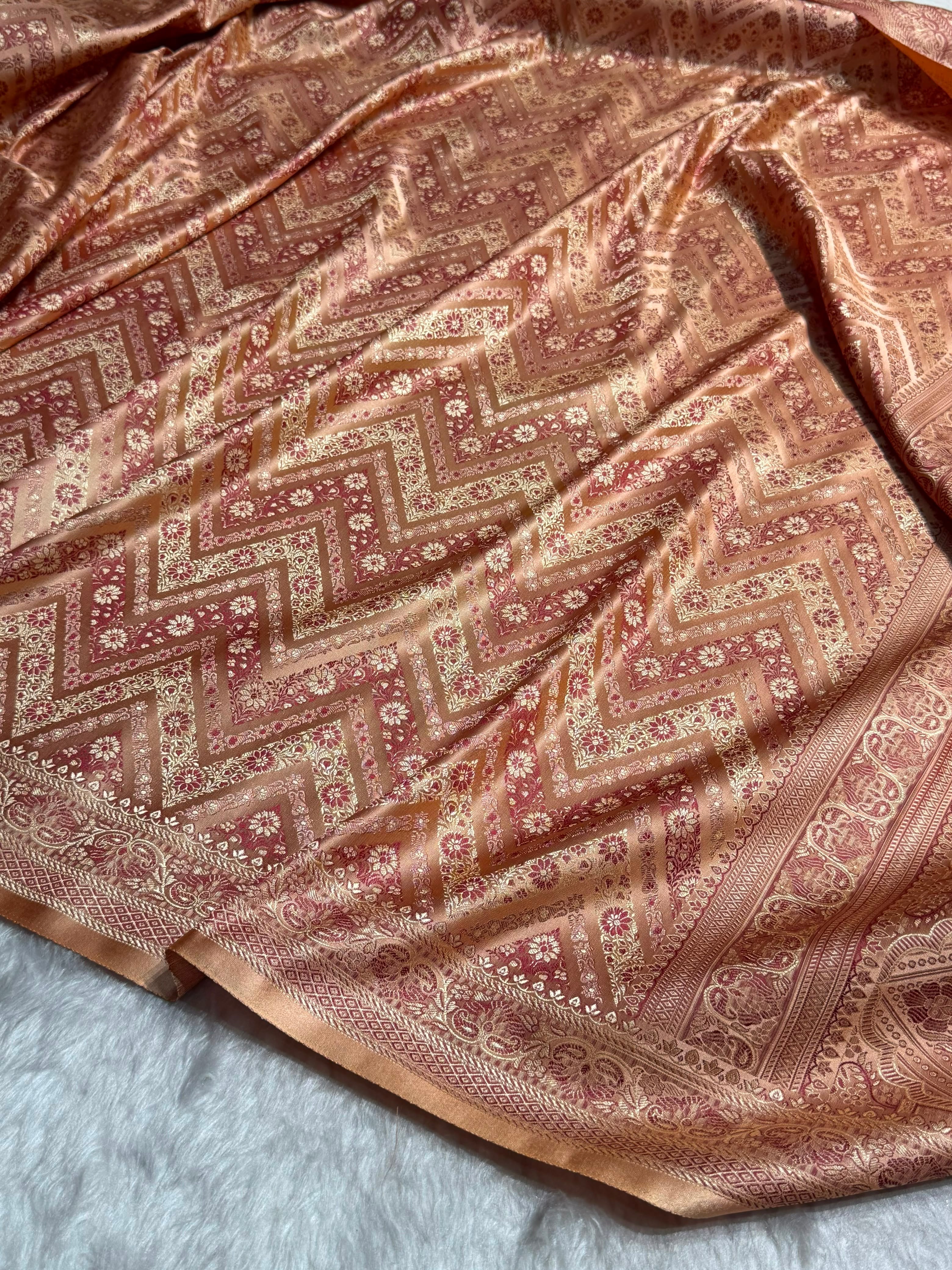 Banarasi Rose Peach Shades Jamawar Tanchoi With Minakari Jaal Katan Silk Saree SKTM-26