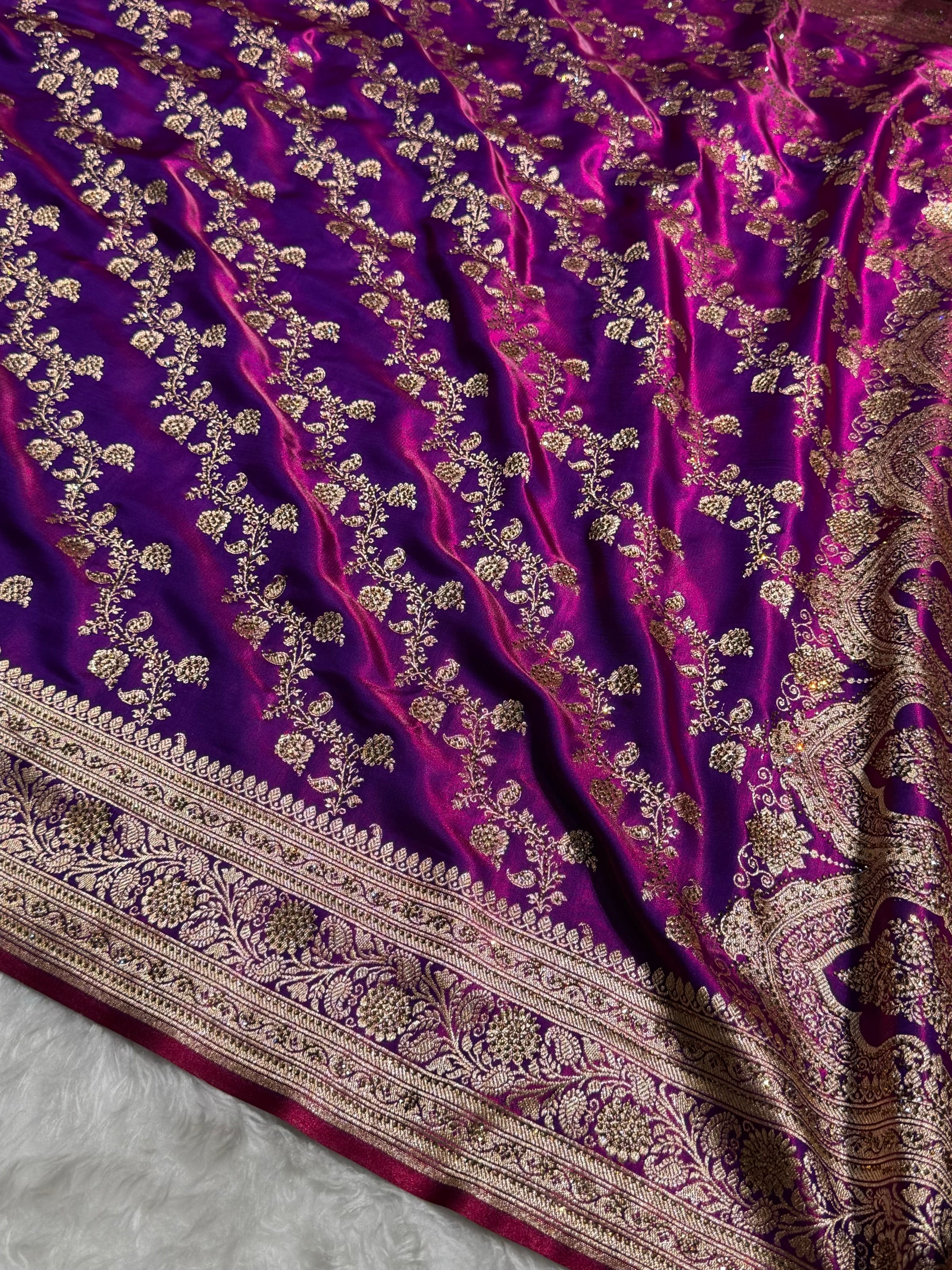 Cross Purple Shades Banarasi Cross Jaal With Stone Work Satin Silk Saree BSS11