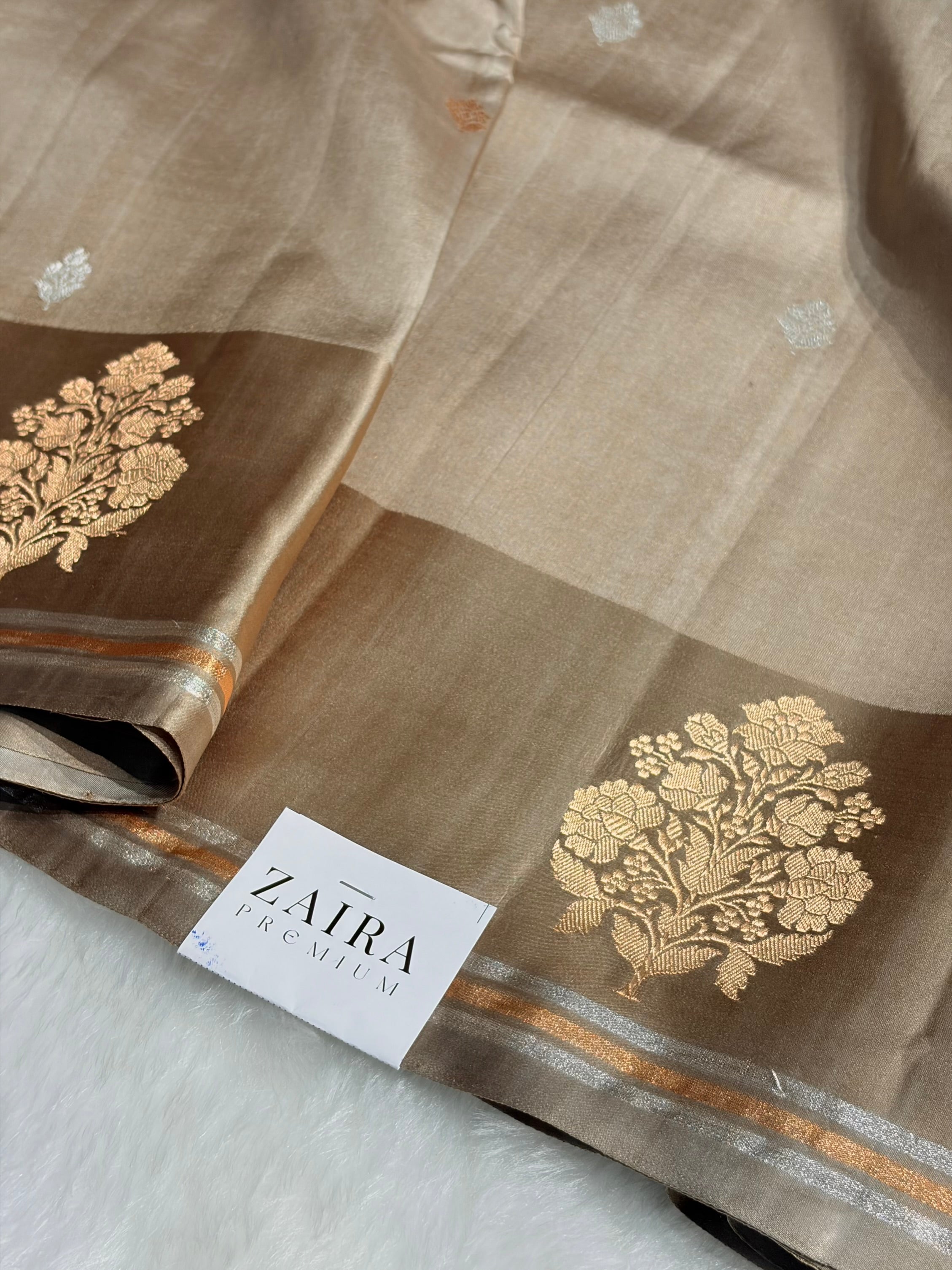 Beige Shades Meena Boota Handwoven Pure Katan Raw Mango Silk RM-01