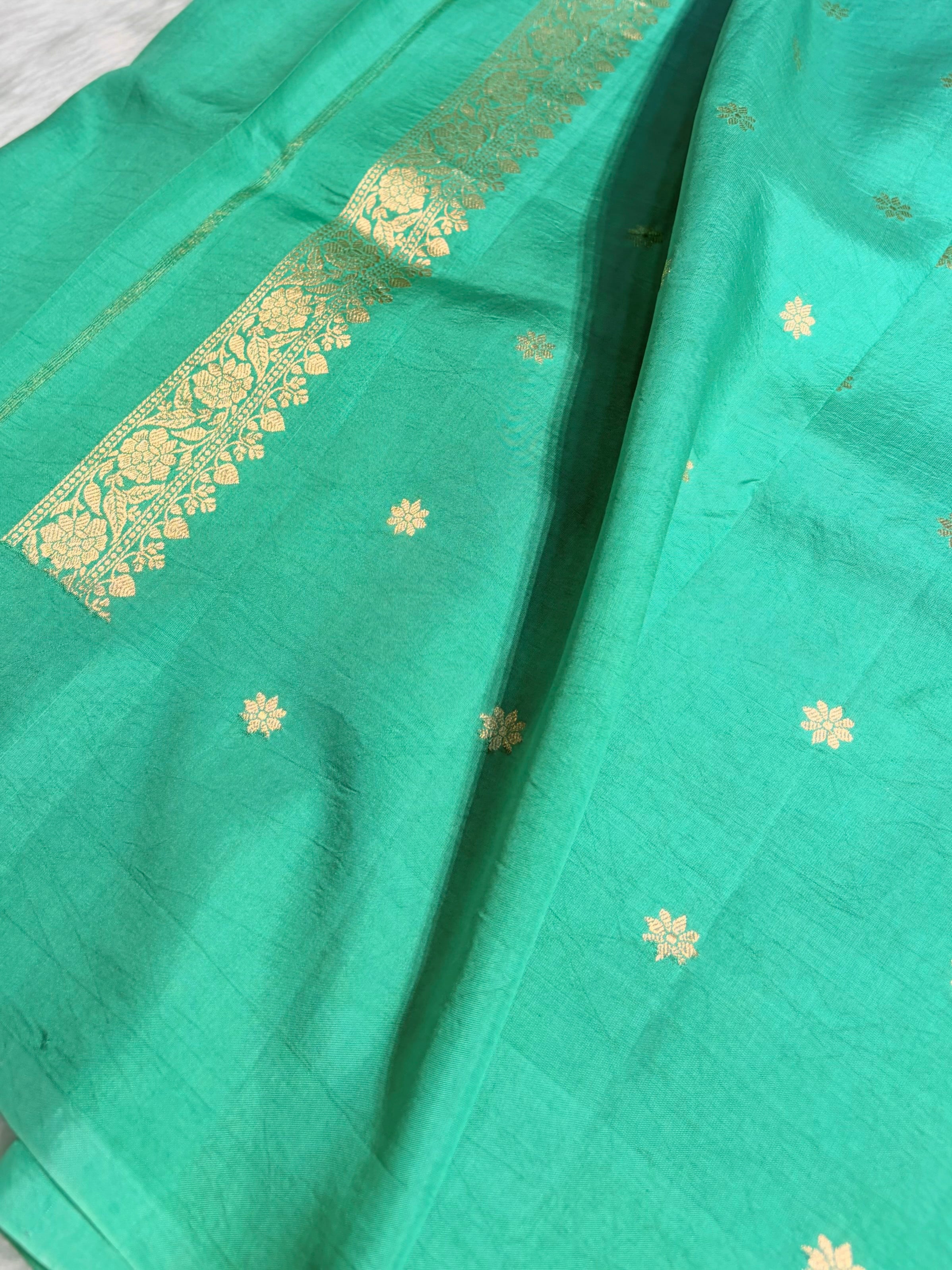 Sea Green Shades Meena Boota Handwoven Pure Katan Raw Mango Silk RM-36