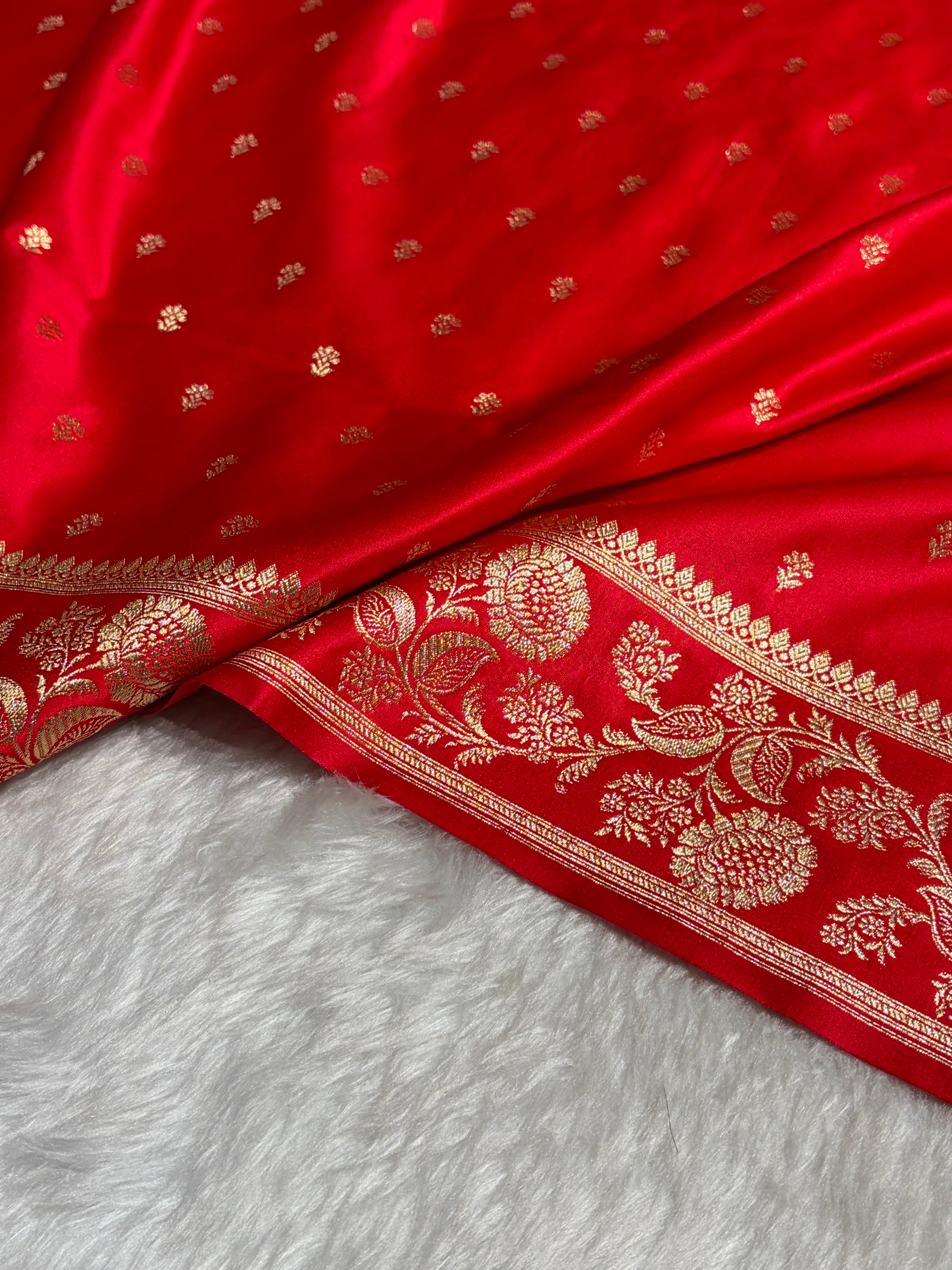 Red Floral Pattern Satin Katan Silk Saree SK77