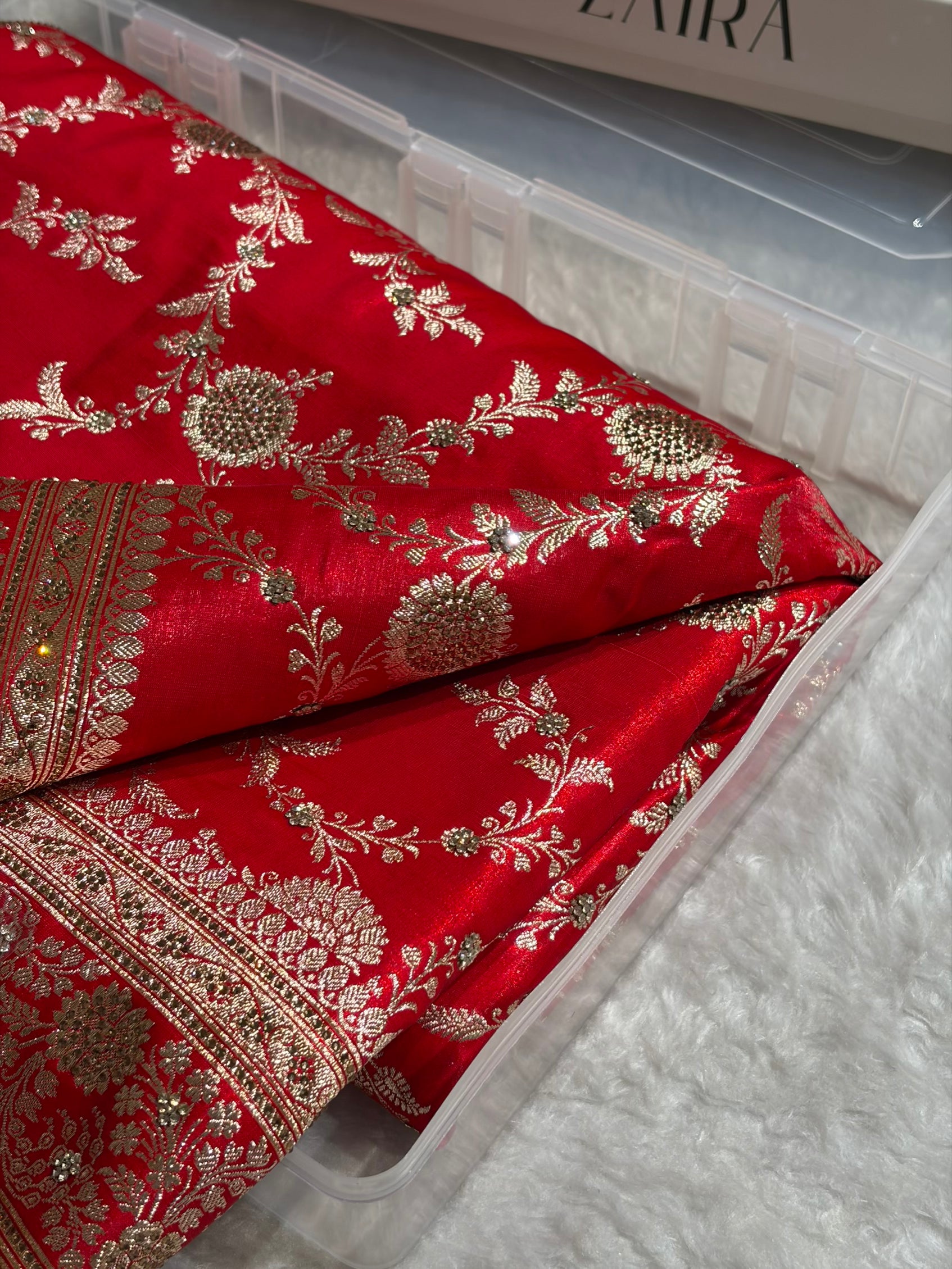 Light Weight Red Satin Silk Saree with Swarovski work BSS14