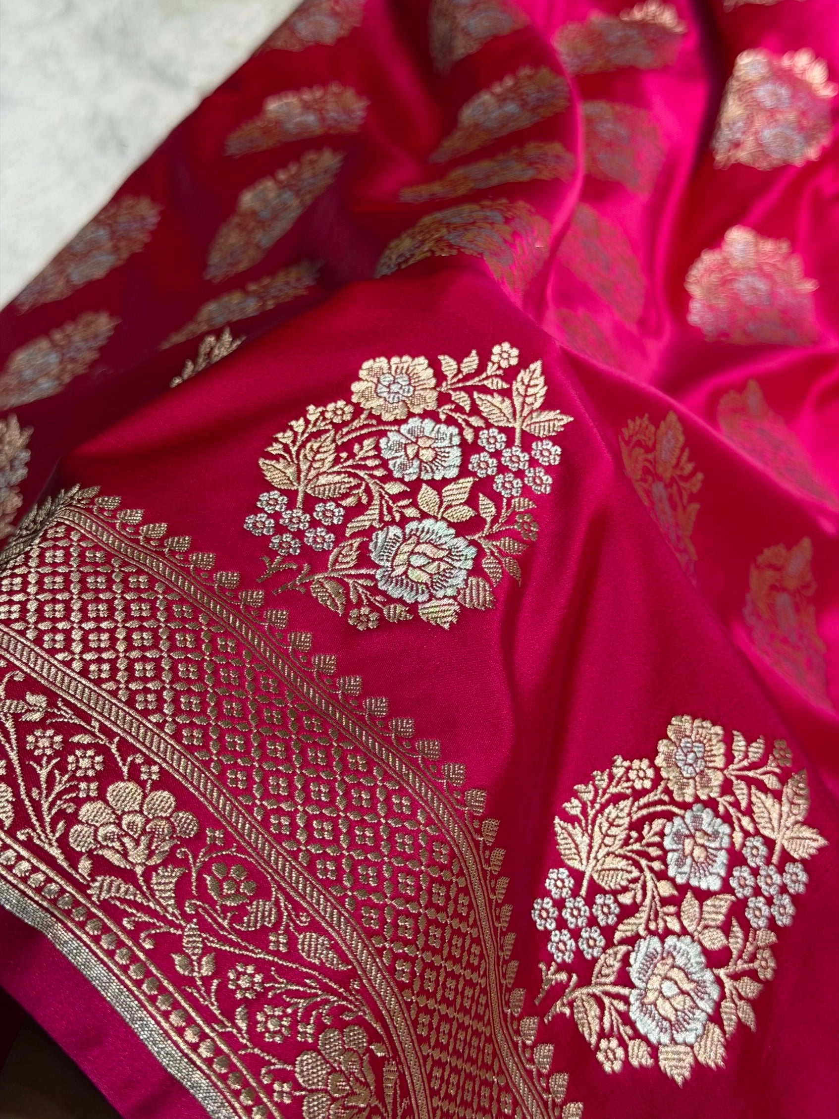 Premium Banarasi Satin Katan Saree With Minakari Boota in Rani Shades SK93